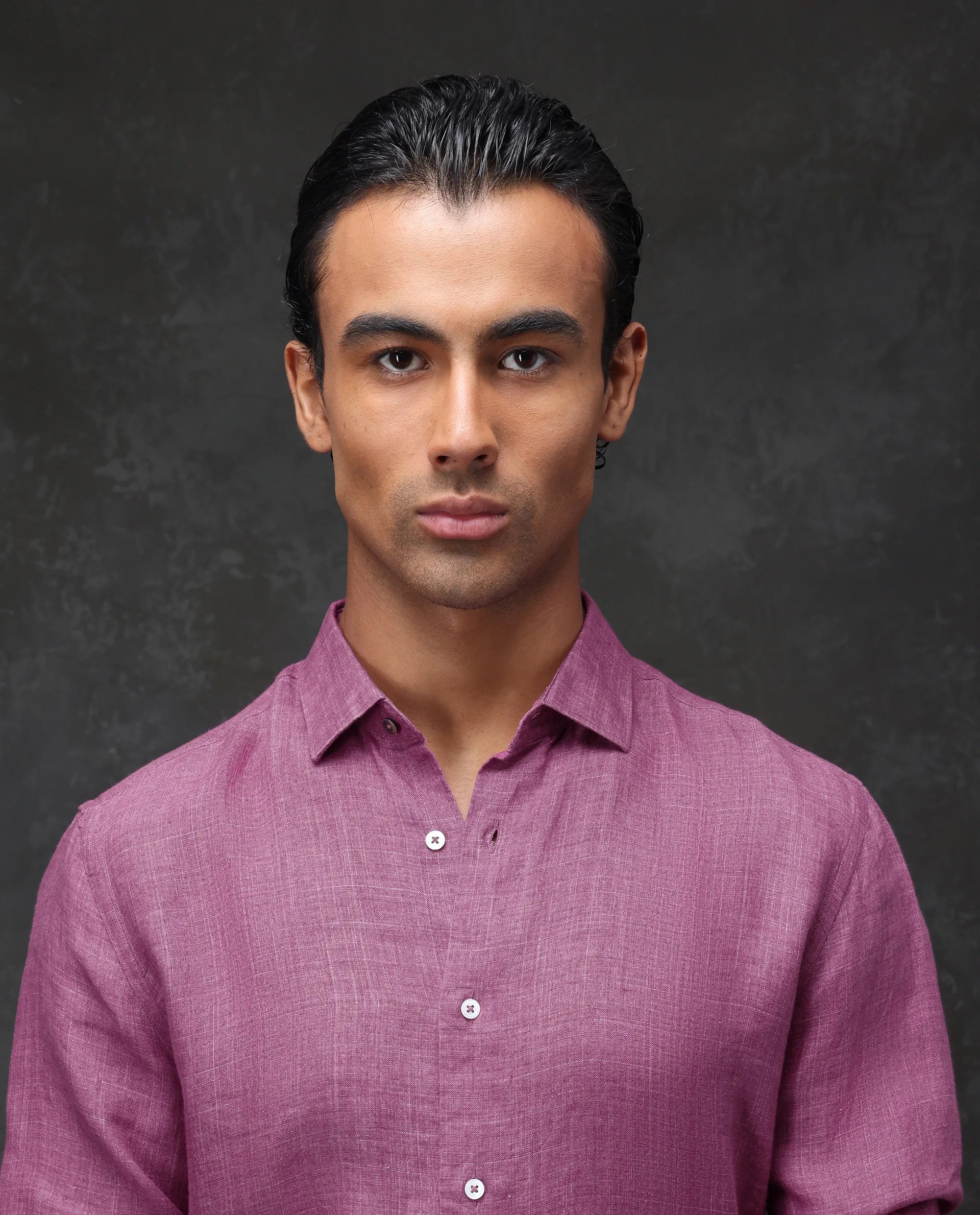 Rare Rabbit Men's Borium Dark Pink 100% Linen Plain Regular Fit Full Sleeve Collared Shirt