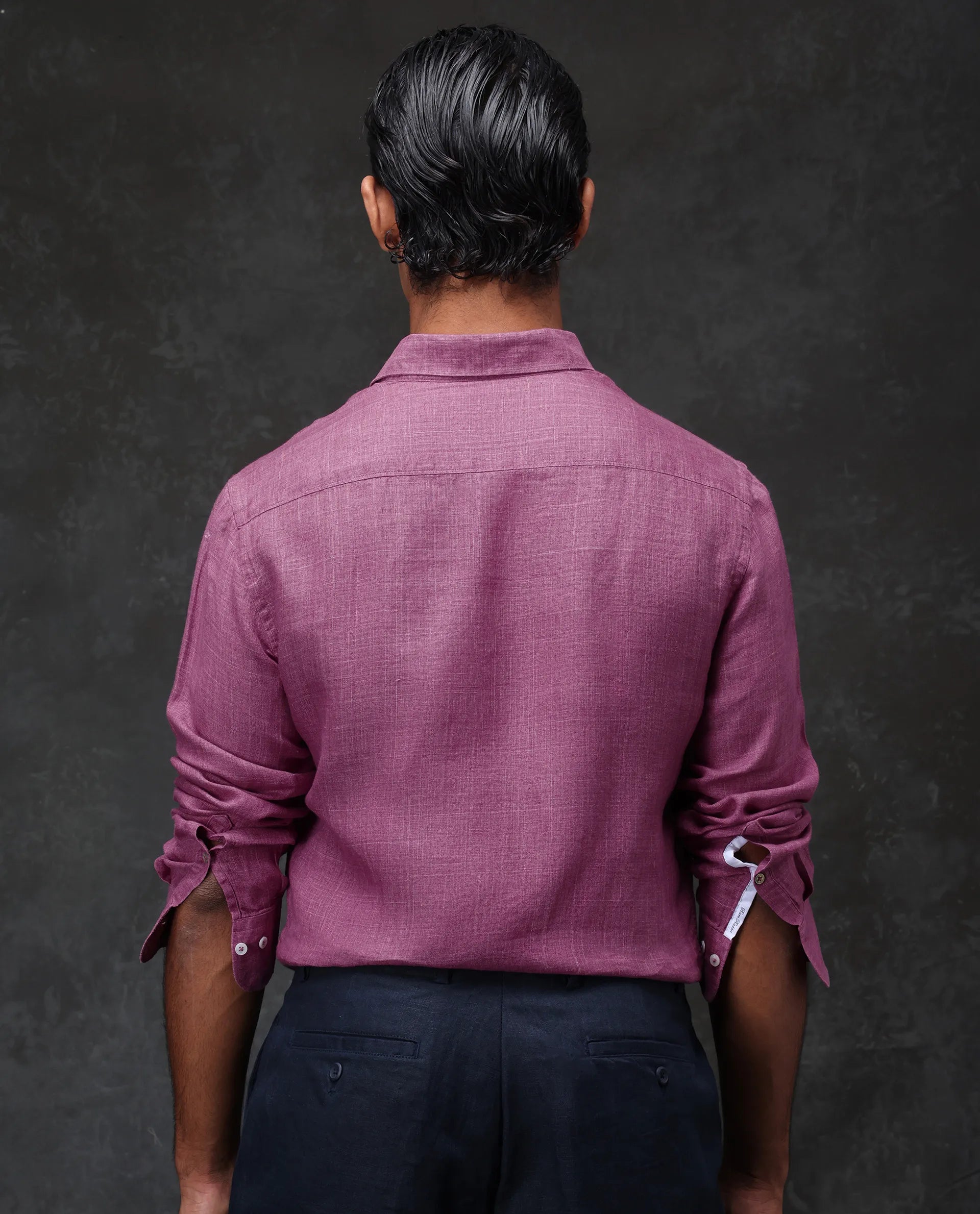 Rare Rabbit Men's Borium Dark Pink 100% Linen Plain Regular Fit Full Sleeve Collared Shirt