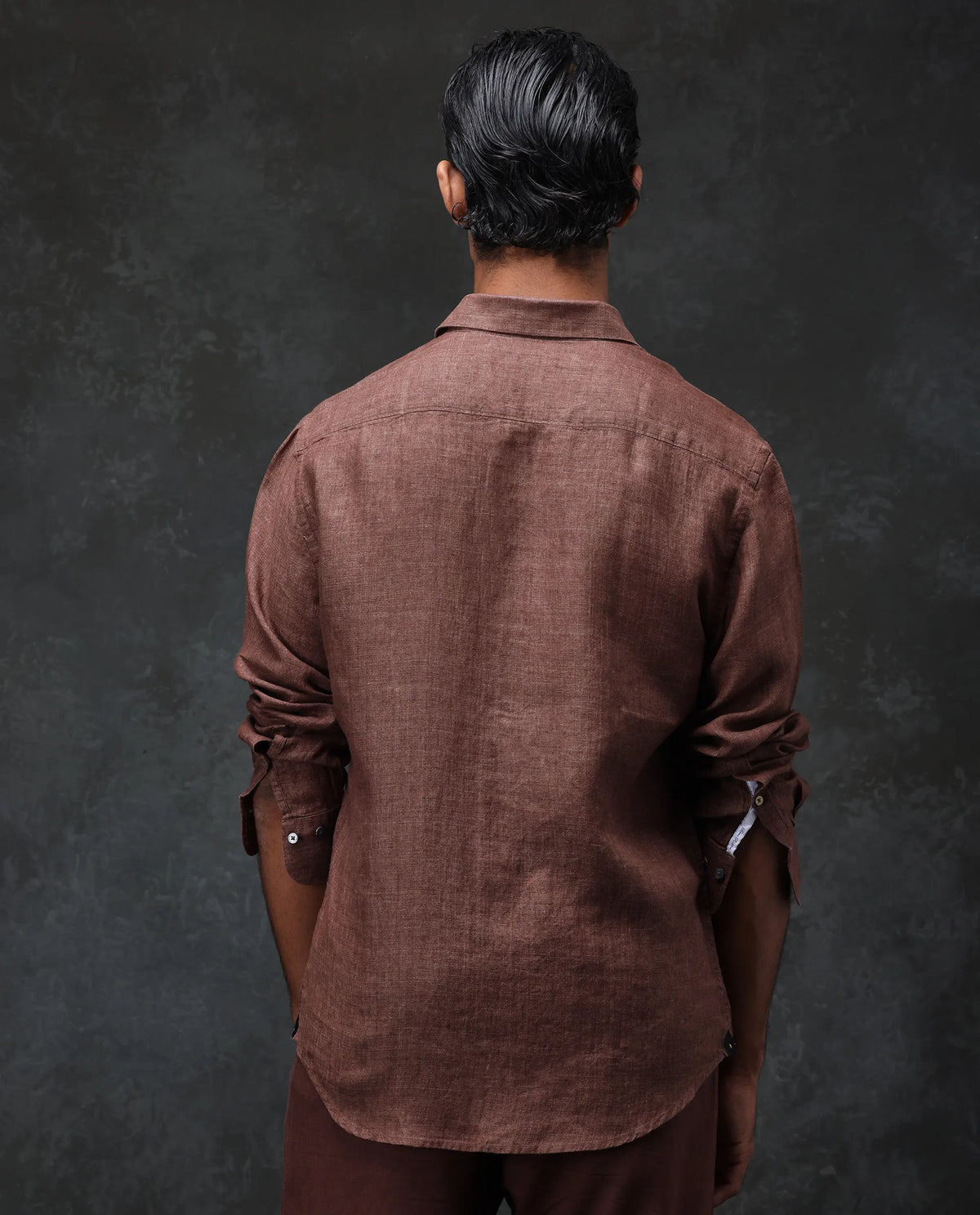 Rare Rabbit Men's Borium Dark Brown 100% Linen Plain Regular Fit Full Sleeve Spread Collar Shirt