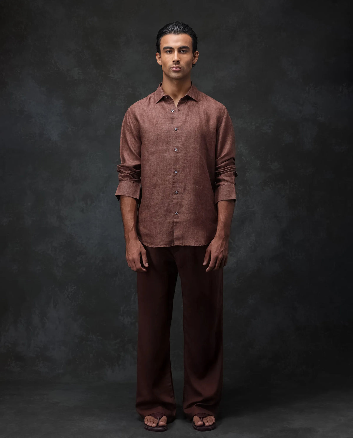 Rare Rabbit Men's Borium Dark Brown 100% Linen Plain Regular Fit Full Sleeve Spread Collar Shirt