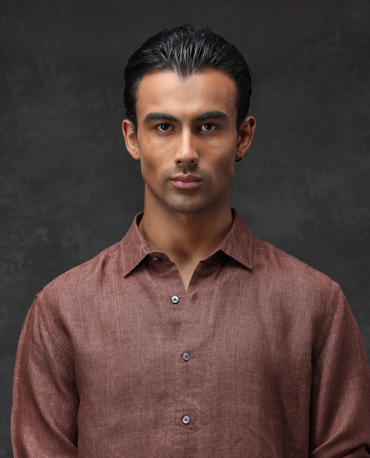Rare Rabbit Men's Borium Dark Brown 100% Linen Plain Regular Fit Full Sleeve Spread Collar Shirt