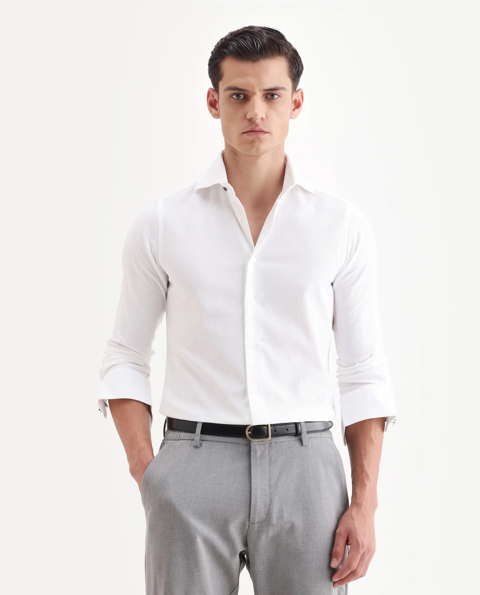 Rare Rabbit Men's Comb White Cotton Plain Regular Fit Full Sleeve Spread Collar Shirt