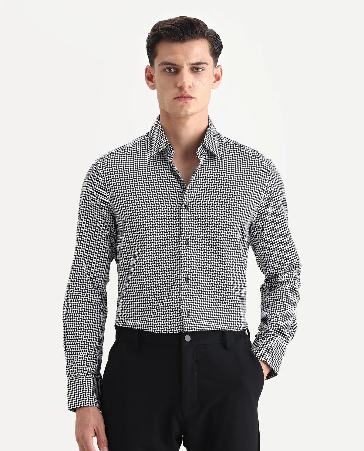 Rare Rabbit Men's Jader Black Cotton Checked Print Regular Fit Full Sleeve Collared Shirt
