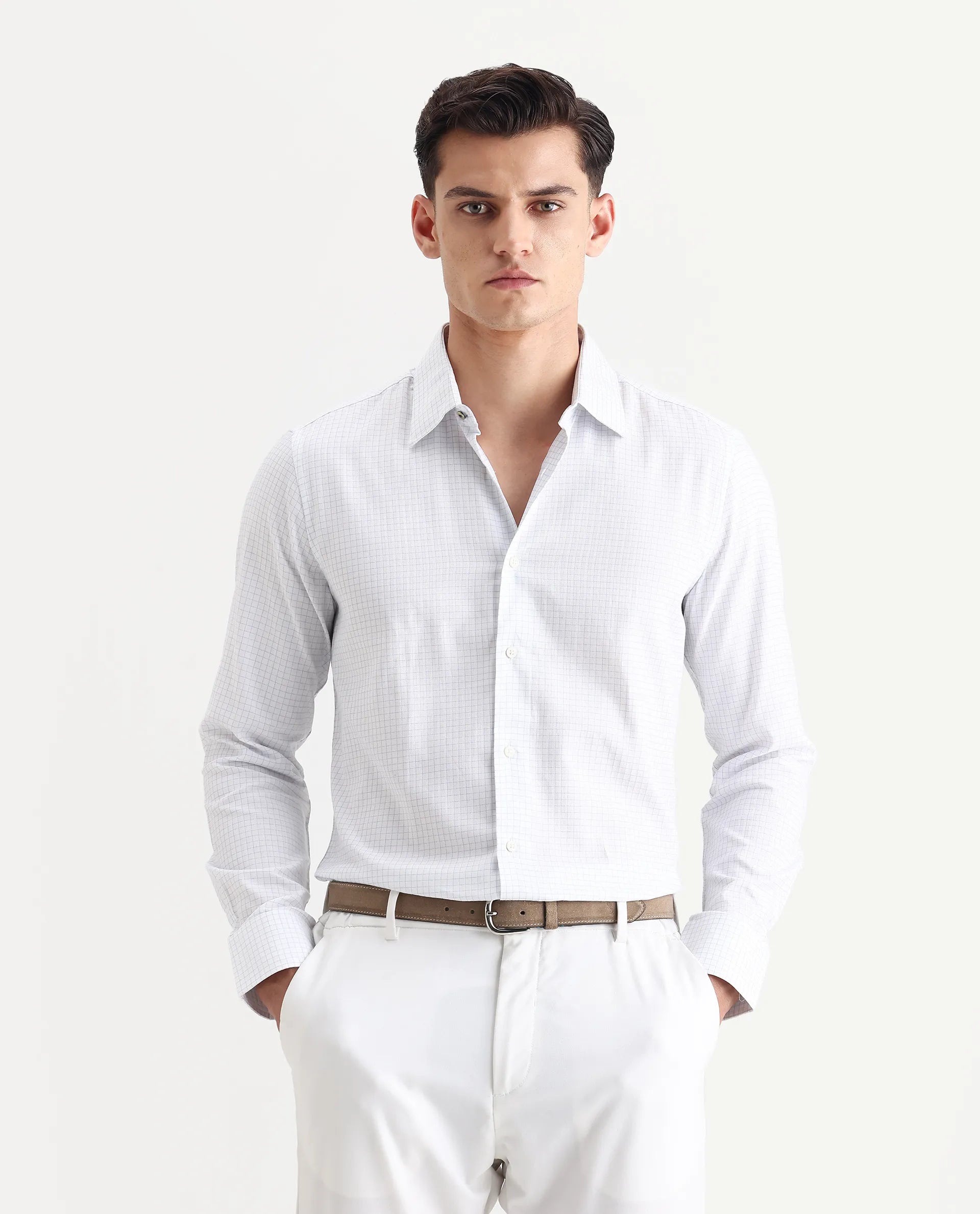 Rare Rabbit Men's Broad White Cotton Checked Print Regular Fit Full Sleeve Collared Shirt