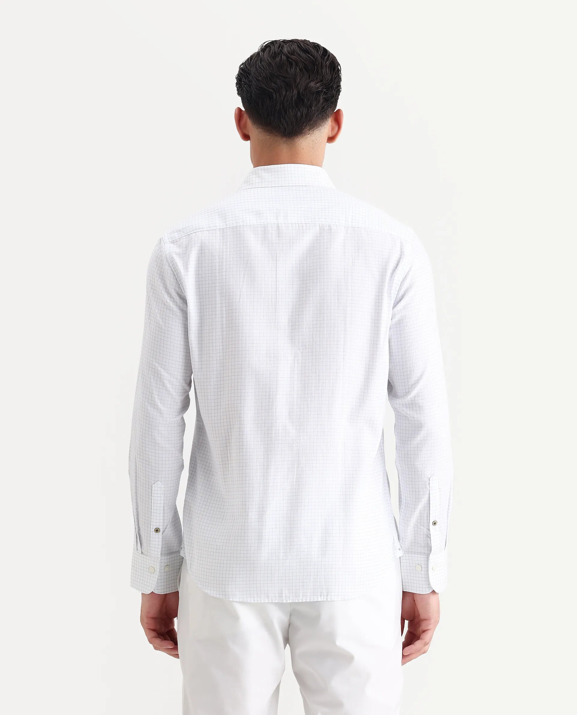 Rare Rabbit Men's Broad White Cotton Checked Print Regular Fit Full Sleeve Collared Shirt