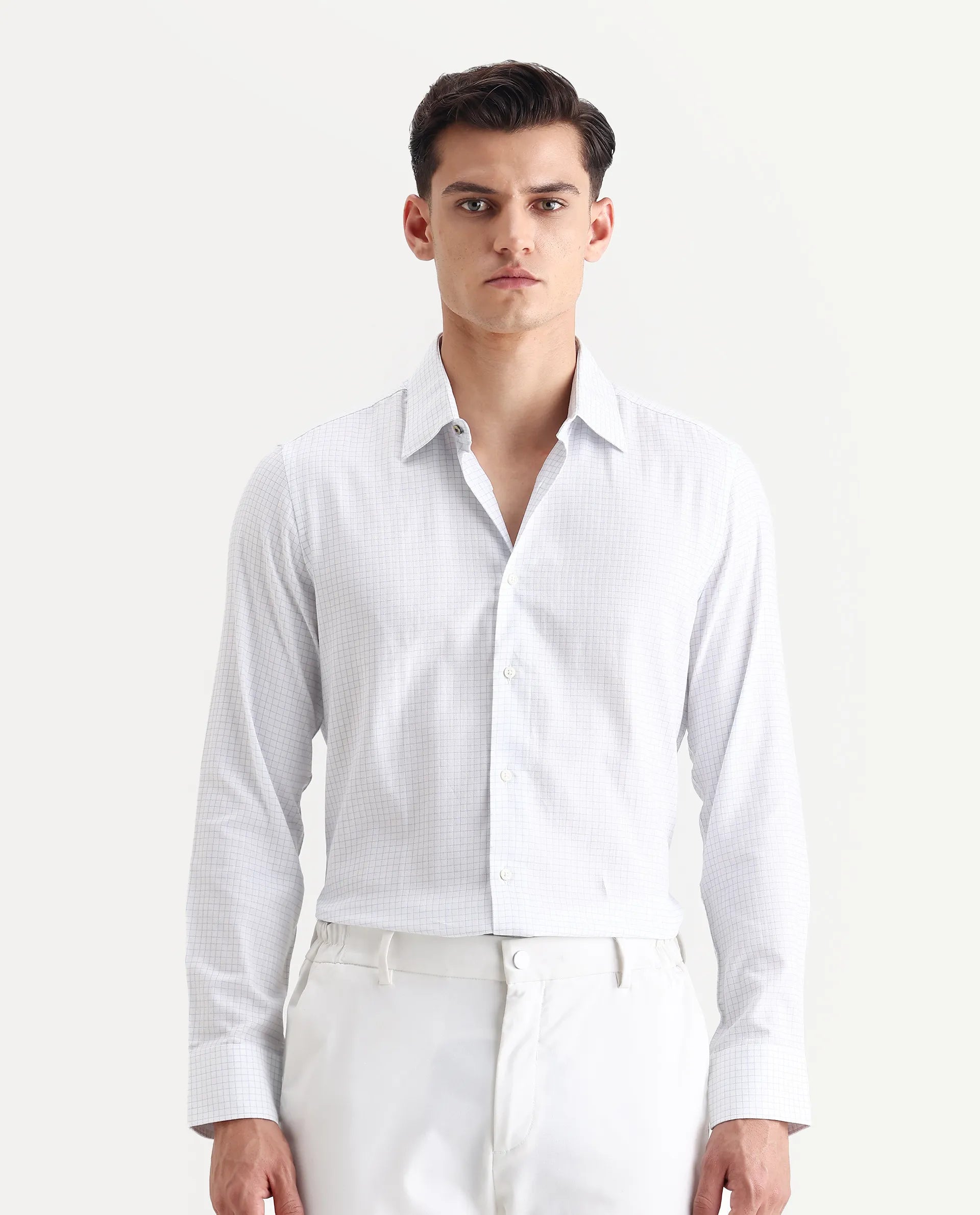 Rare Rabbit Men's Broad White Cotton Checked Print Regular Fit Full Sleeve Collared Shirt