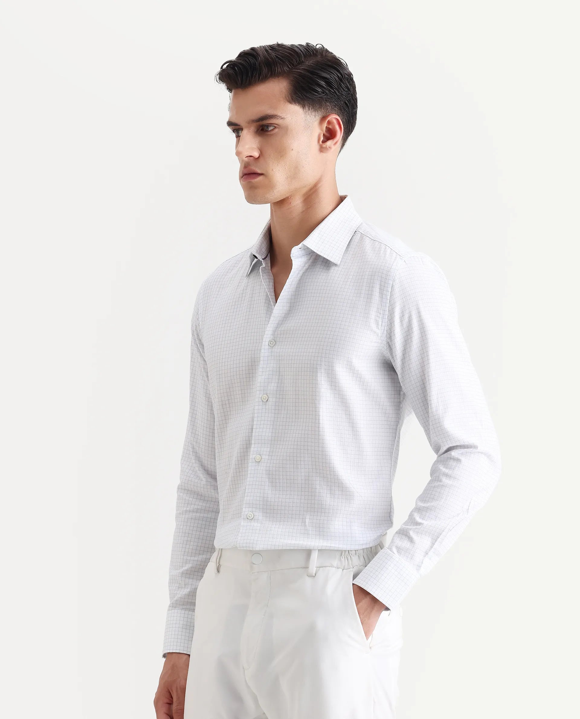 Rare Rabbit Men's Broad White Cotton Checked Print Regular Fit Full Sleeve Collared Shirt