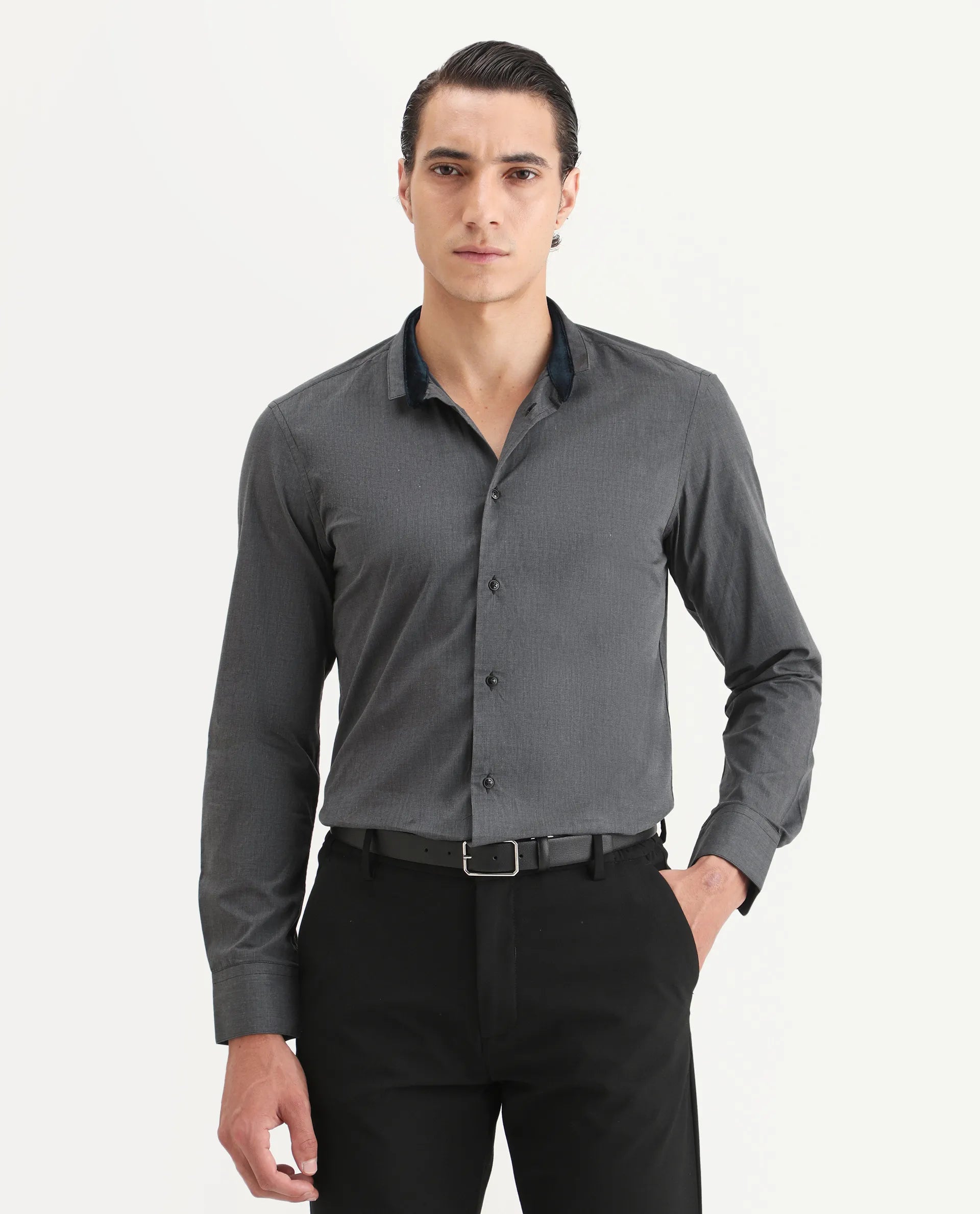 Rare Rabbit Men's Fritz Black Cotton Plain Regular Fit Full Sleeve Mandarin Collar Shirt