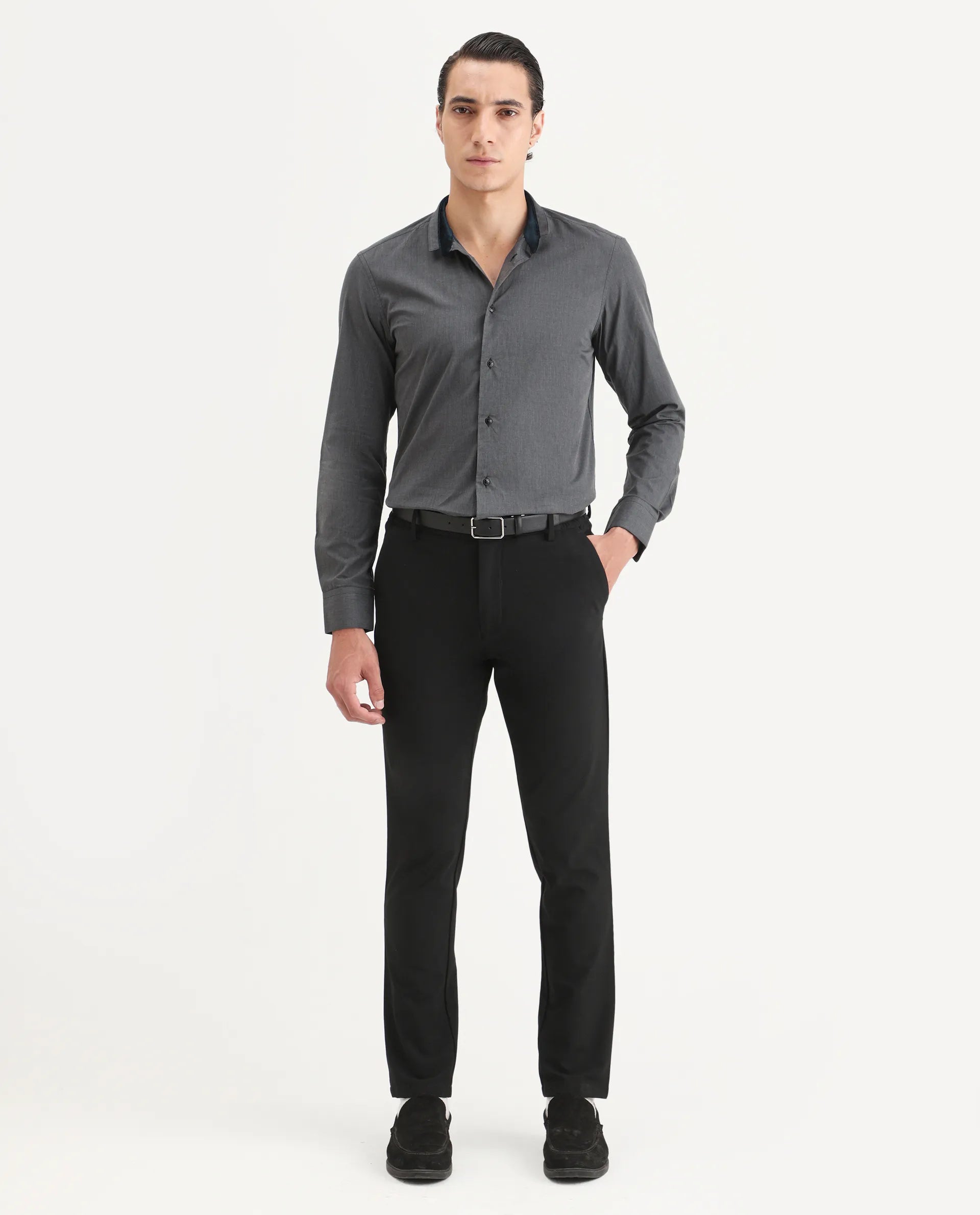 Rare Rabbit Men's Fritz Black Cotton Plain Regular Fit Full Sleeve Mandarin Collar Shirt