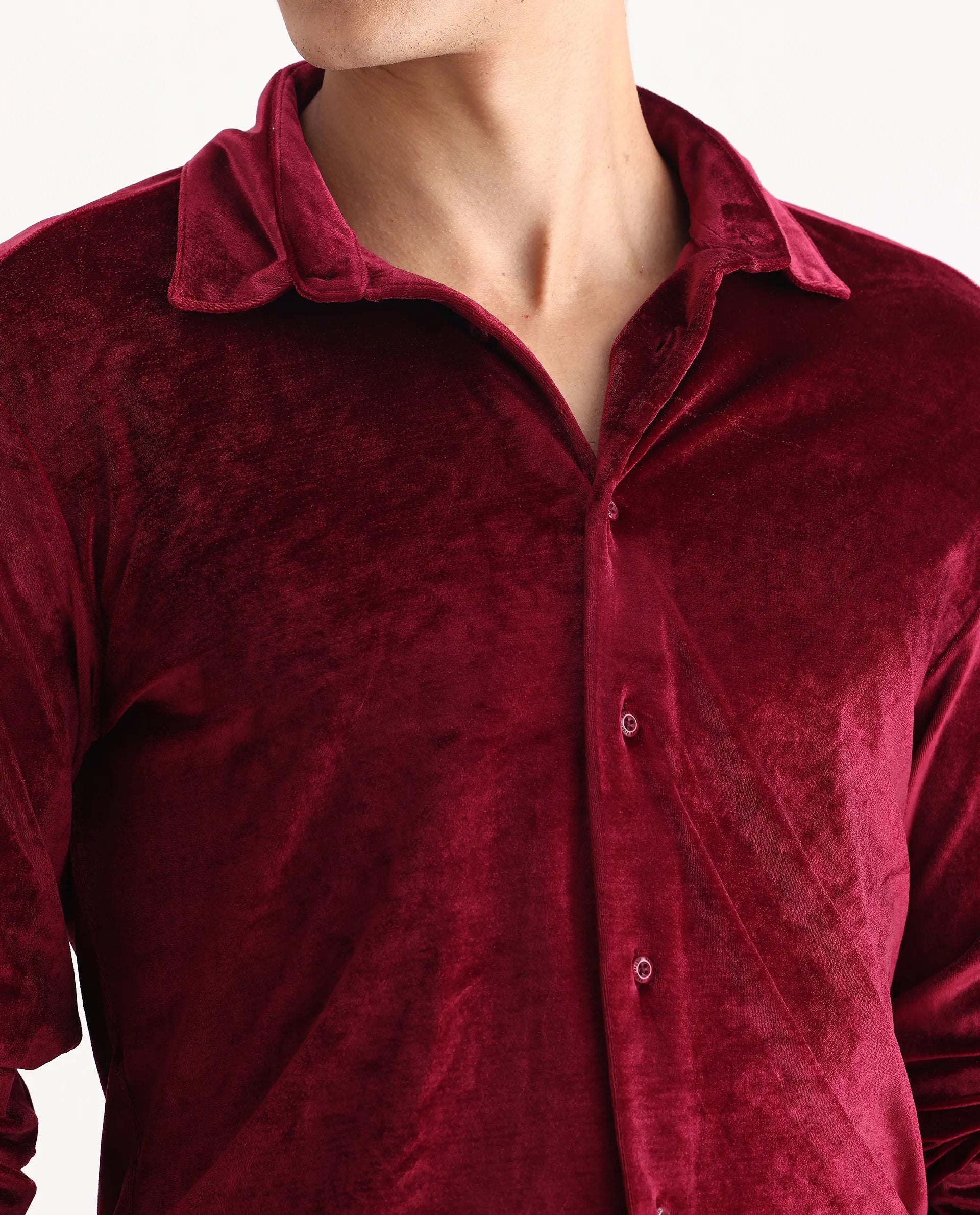 Rare Rabbit Men's Valve Maroon Velvet Plain Regular Fit Full Sleeve Collared Shirt