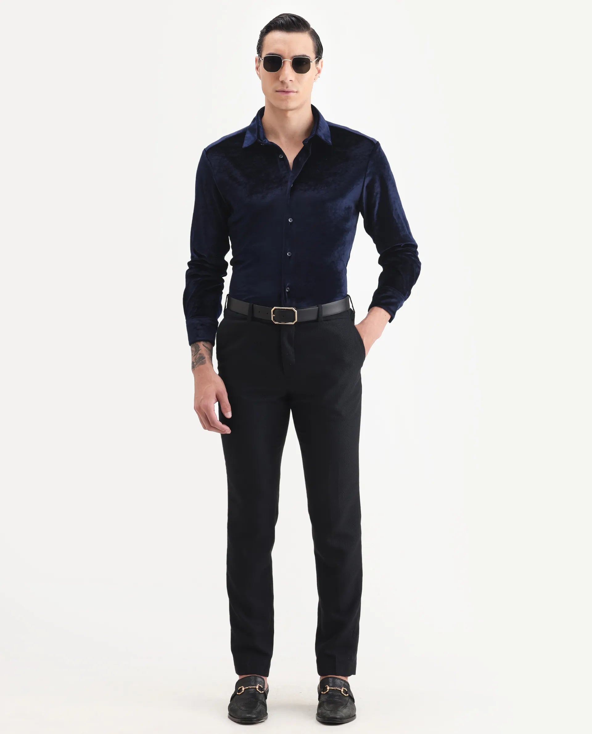 Rare Rabbit Men's Valve Navy Velvet Plain Regular Fit Full Sleeve Collared Shirt