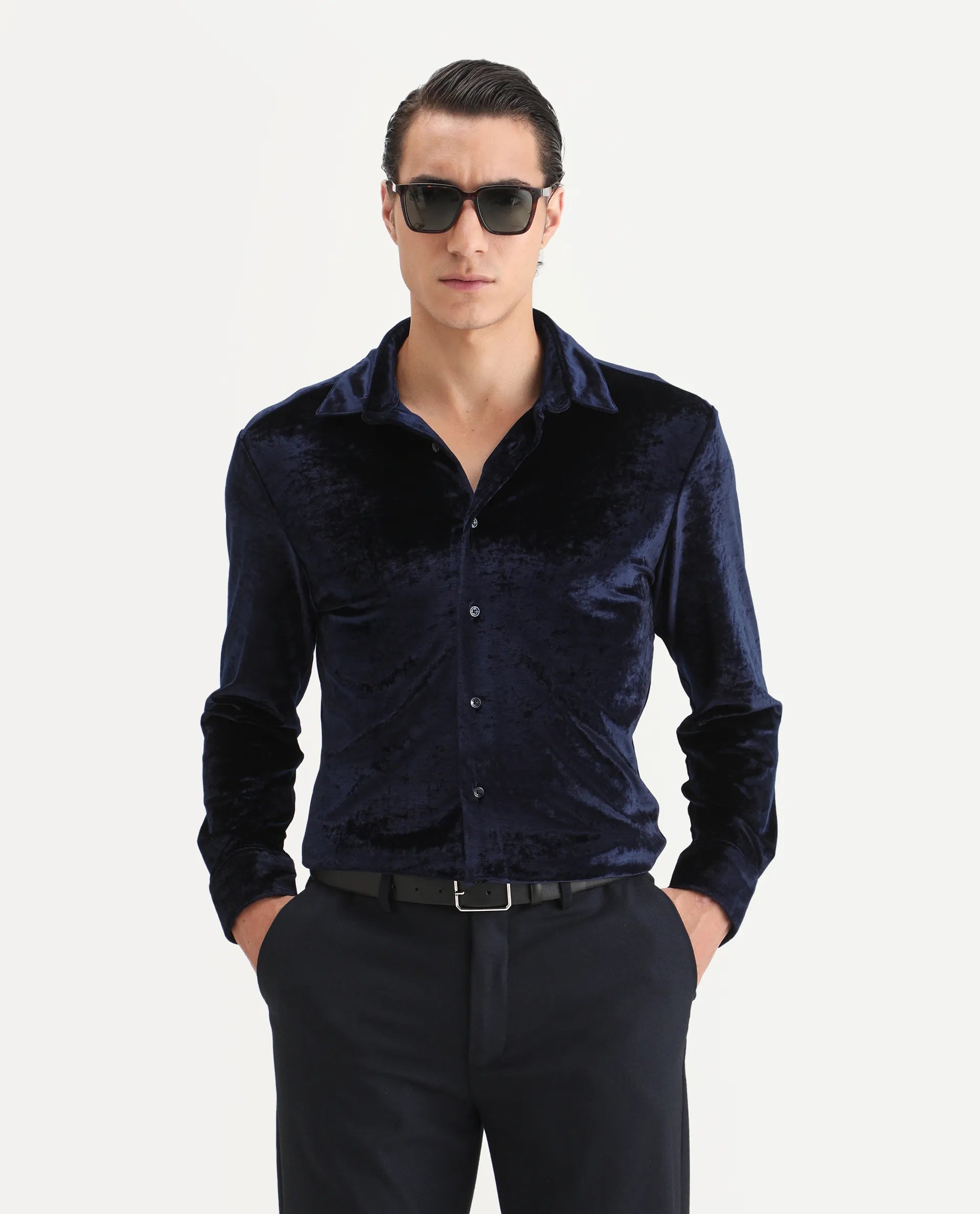 Rare Rabbit Men's Valve Navy Velvet Plain Regular Fit Full Sleeve Collared Shirt