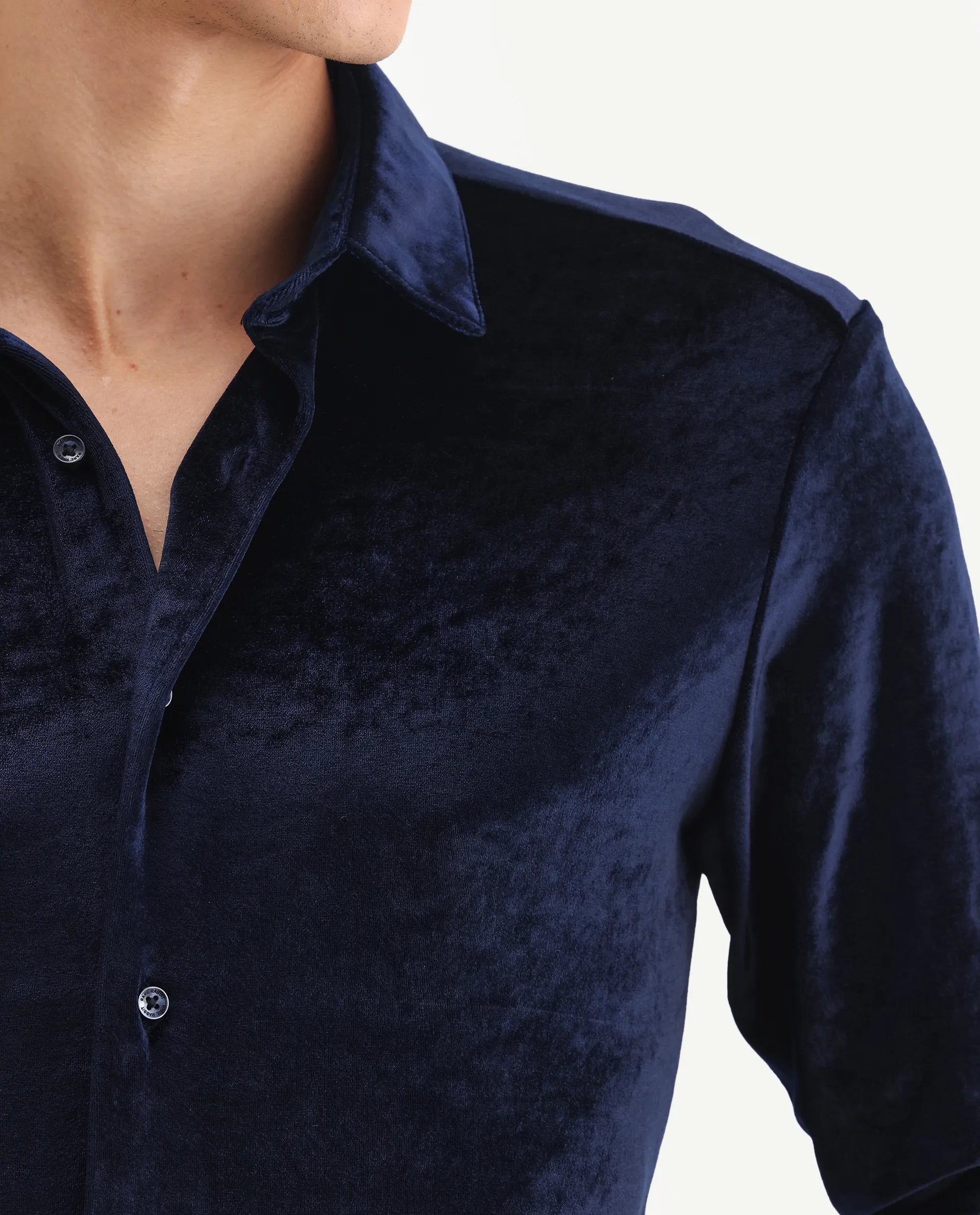Rare Rabbit Men's Valve Navy Velvet Plain Regular Fit Full Sleeve Collared Shirt