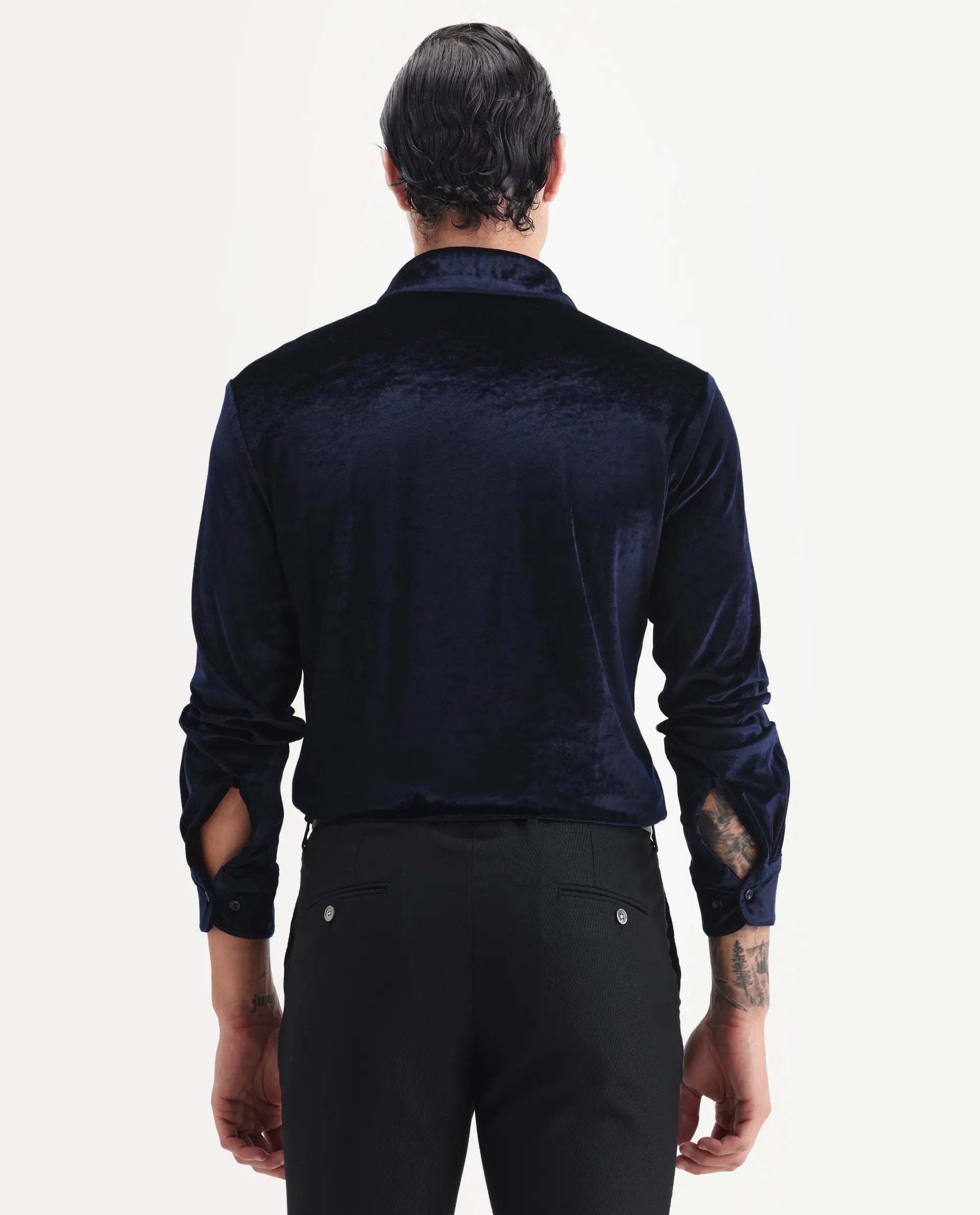 Rare Rabbit Men's Valve Navy Velvet Plain Regular Fit Full Sleeve Collared Shirt