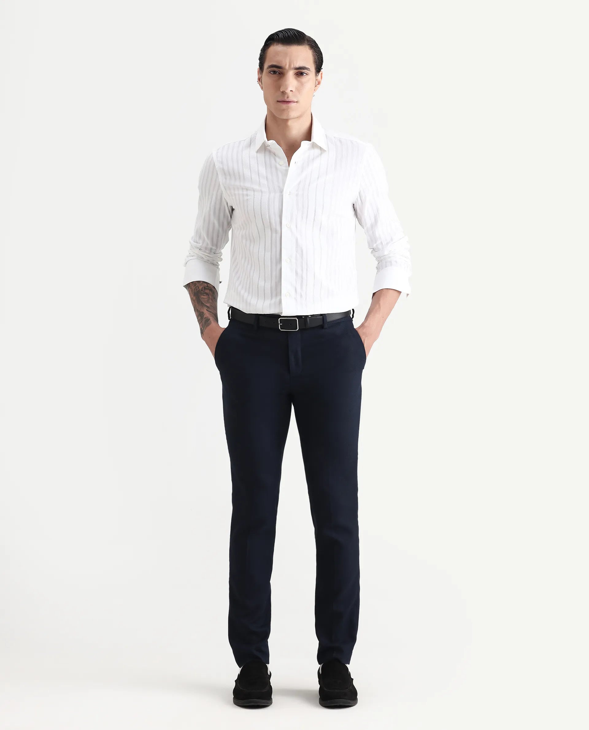 Rare Rabbit Men's Marlin White Cotton Striped Print Regular Fit Full Sleeve Collared Shirt