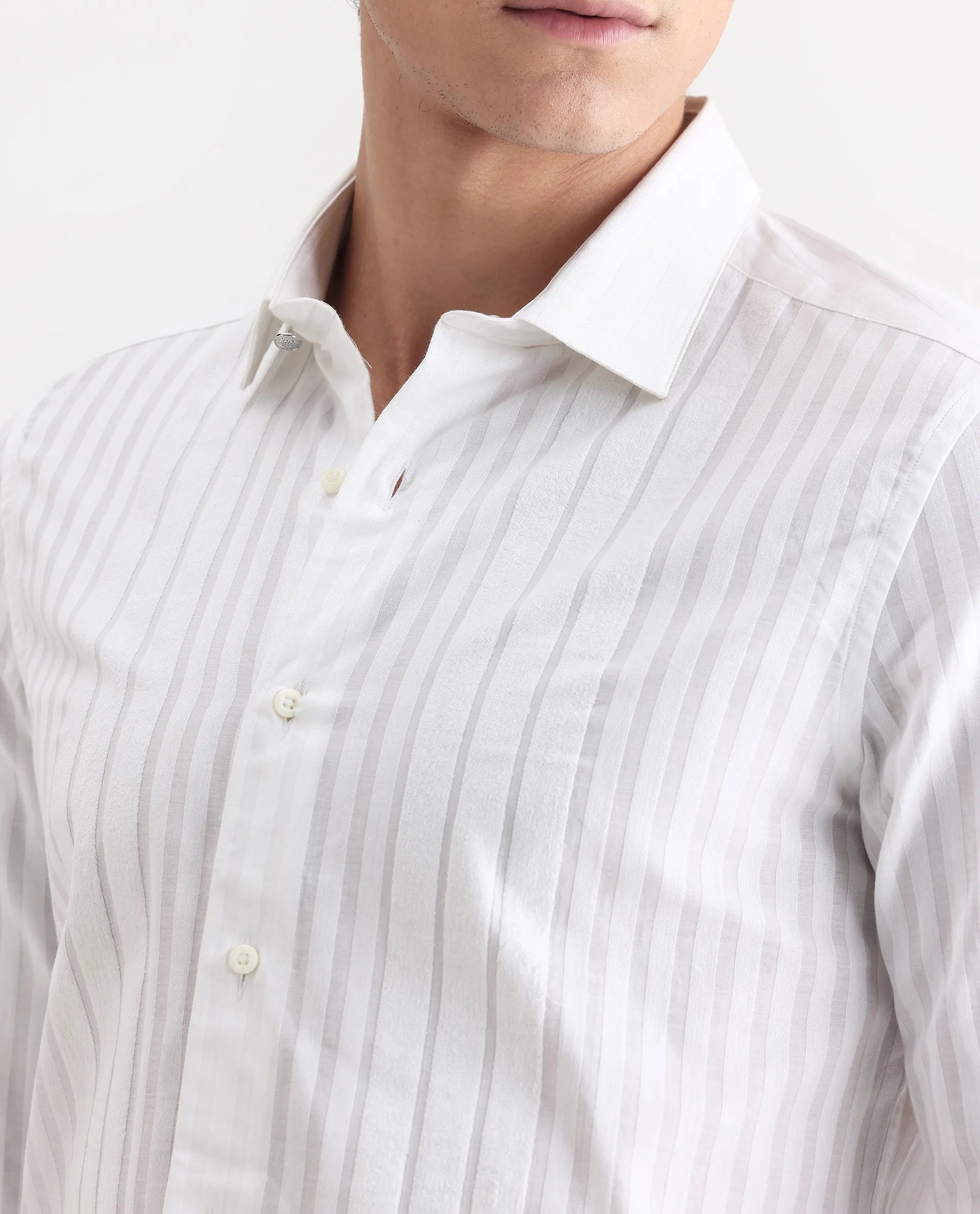 Rare Rabbit Men's Marlin White Cotton Striped Print Regular Fit Full Sleeve Collared Shirt