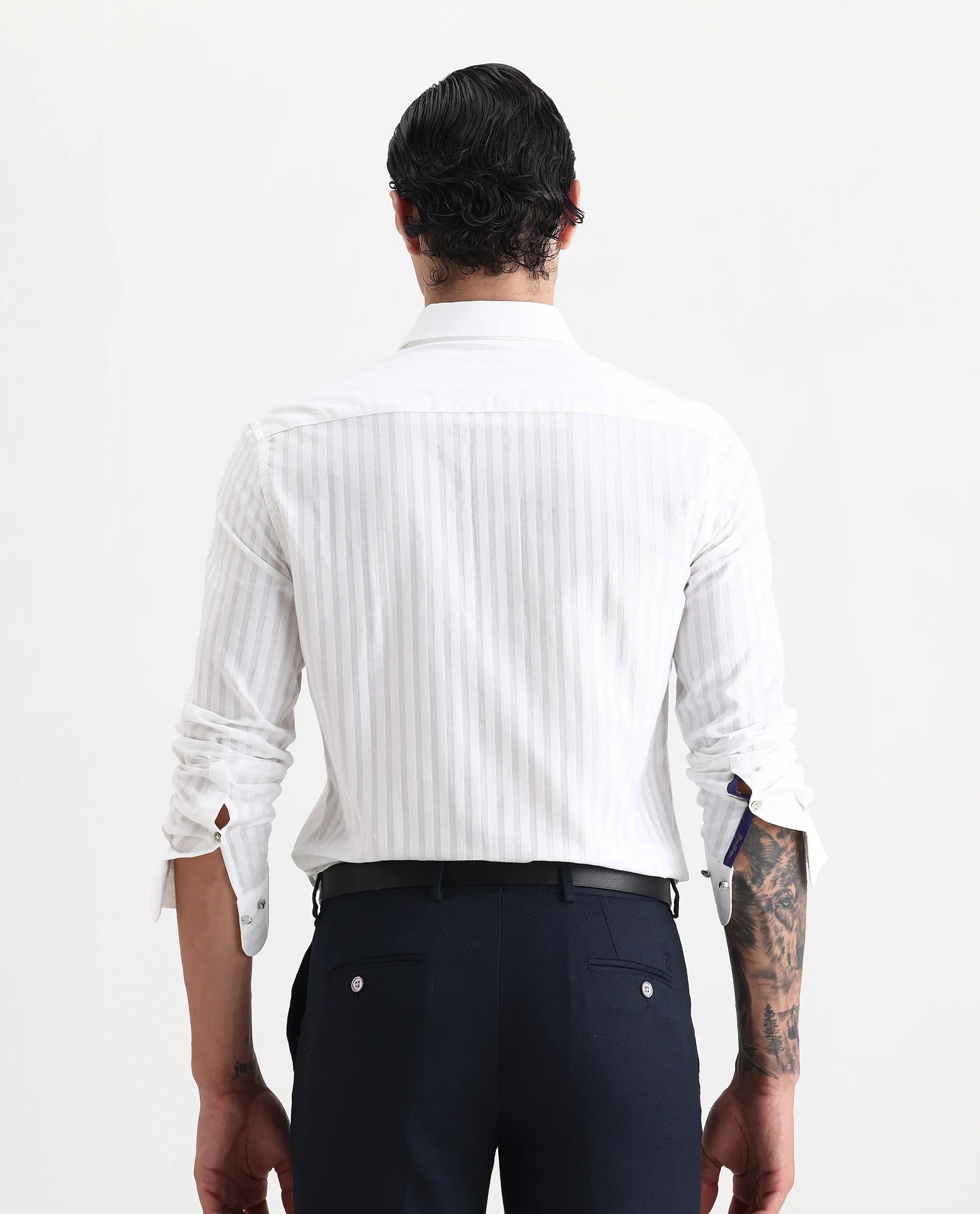 Rare Rabbit Men's Marlin White Cotton Striped Print Regular Fit Full Sleeve Collared Shirt