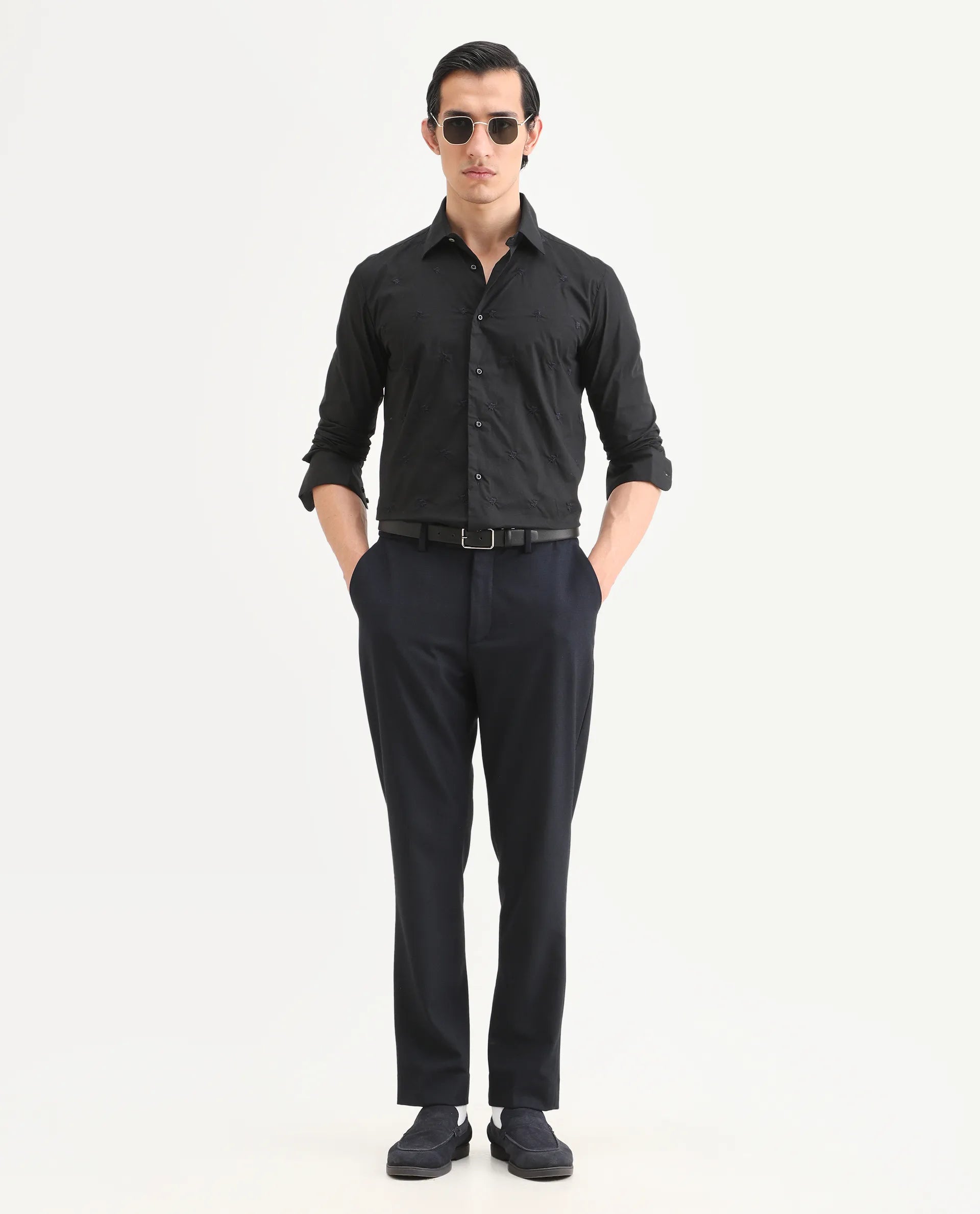 Rare Rabbit Men's Roser Black Cotton Embroidered Regular Fit Full Sleeve Collared Shirt