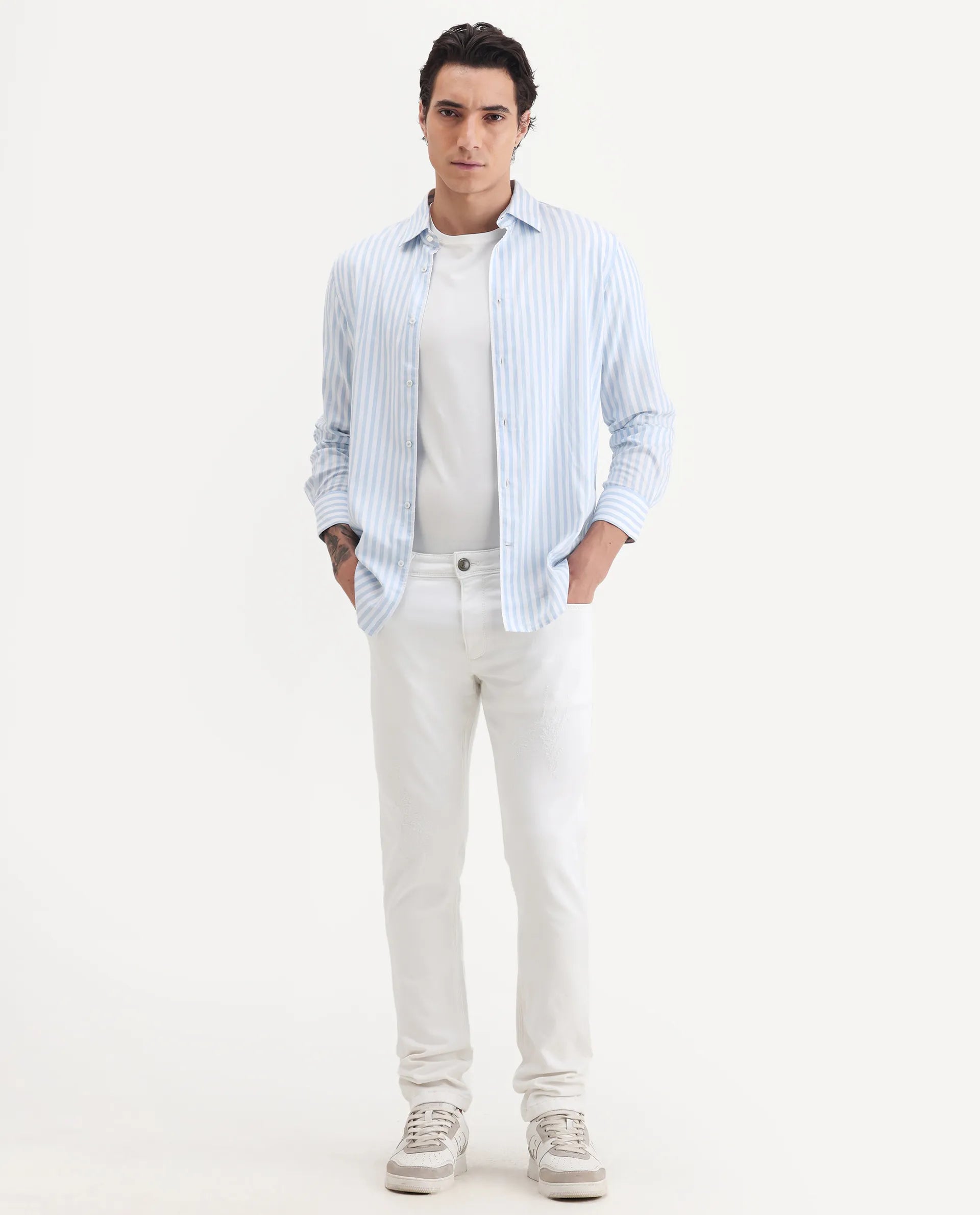 Rare Rabbit Men's Astred White Cotton Plain Hawk Slim Fit Jeans