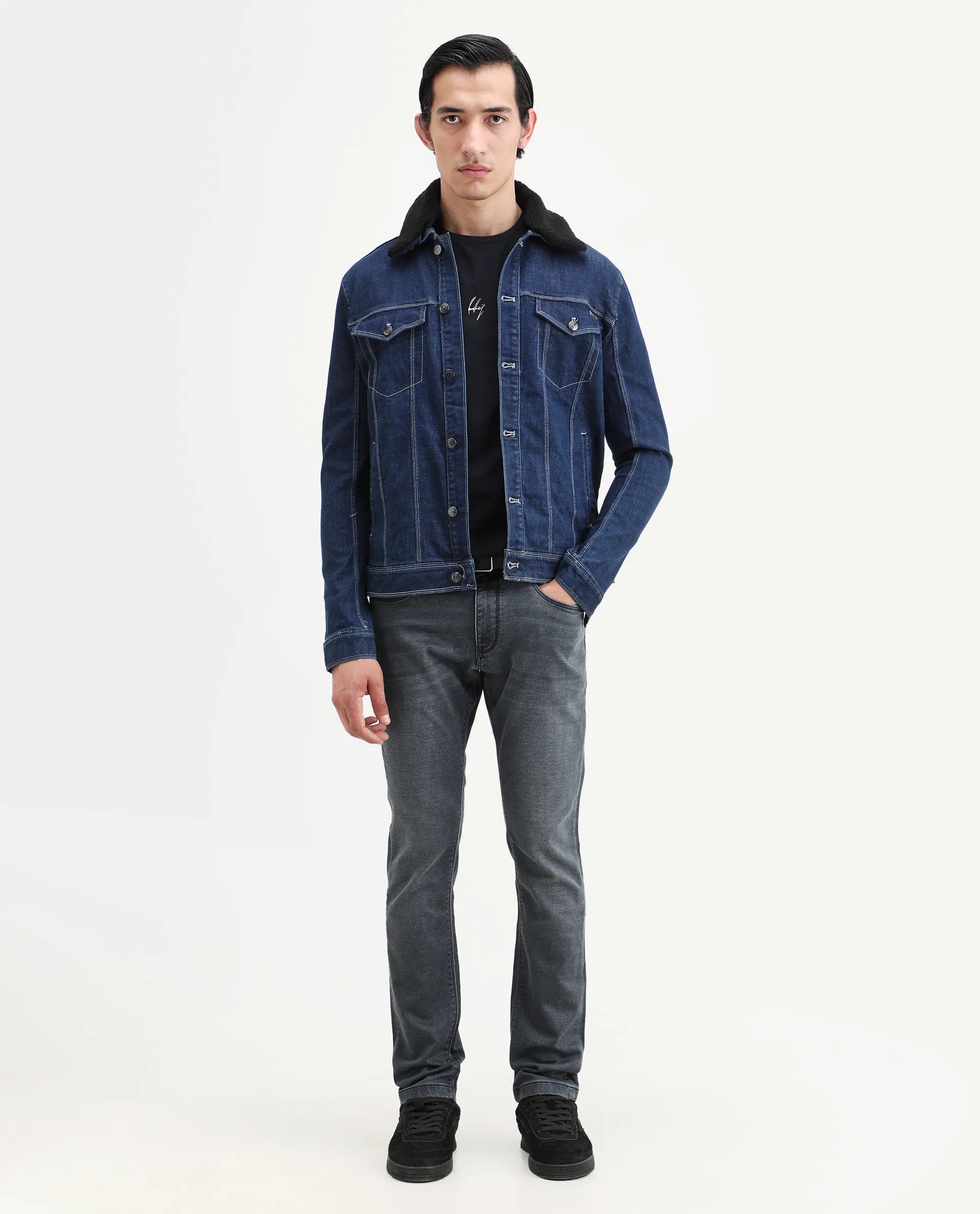 Rare Rabbit Men's Delft Dusky Blue Cotton Plain Hawk Slim Fit Jeans