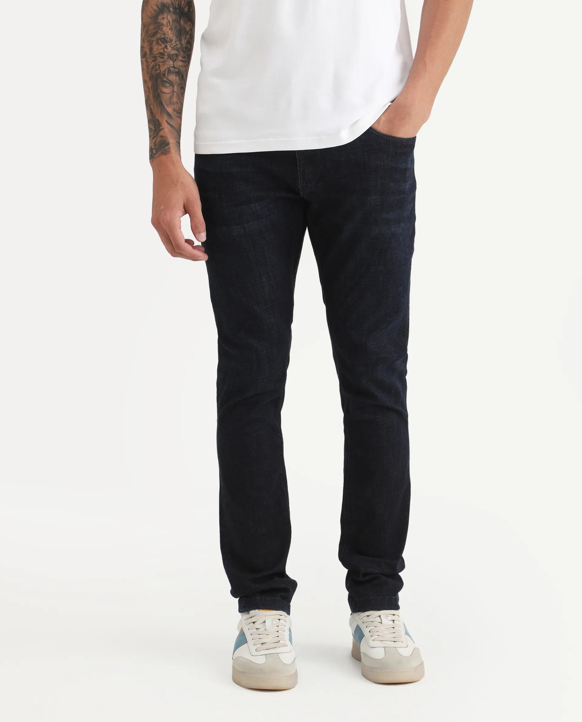 Rare Rabbit Men's Sain Navy Cotton Plain Hawk Slim Fit Jeans