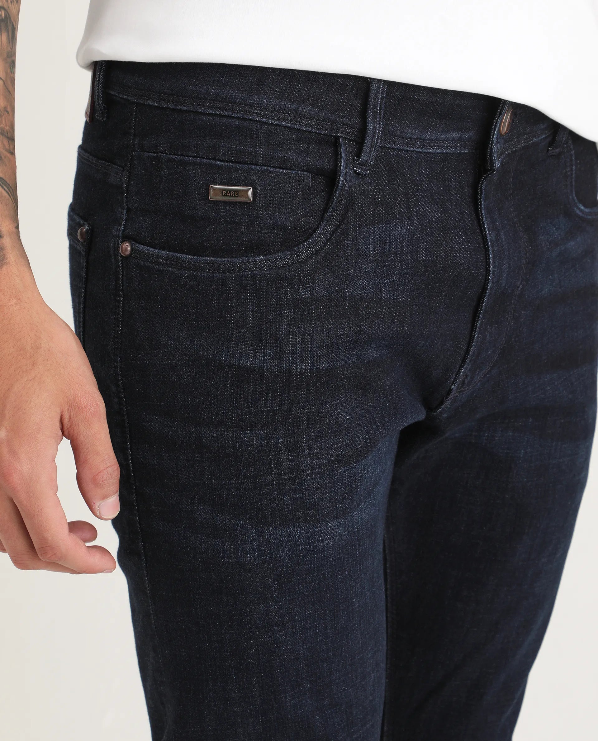 Rare Rabbit Men's Sain Navy Cotton Plain Hawk Slim Fit Jeans
