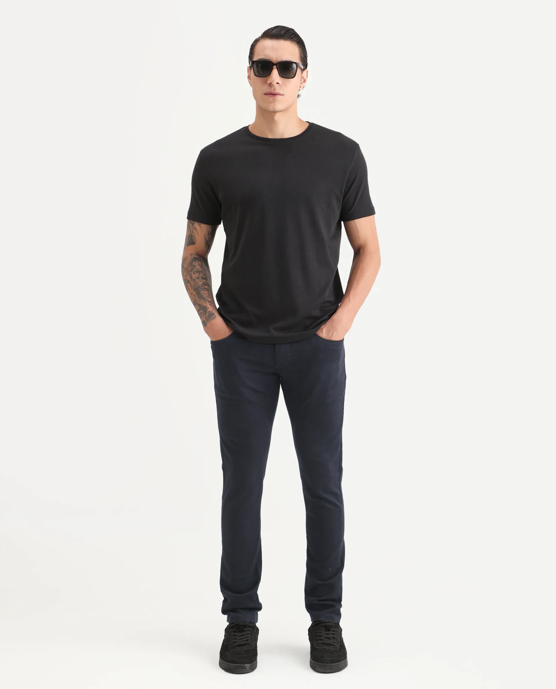 Rare Rabbit Men's Satinx Navy Cotton Plain Hawk Slim Fit Jeans