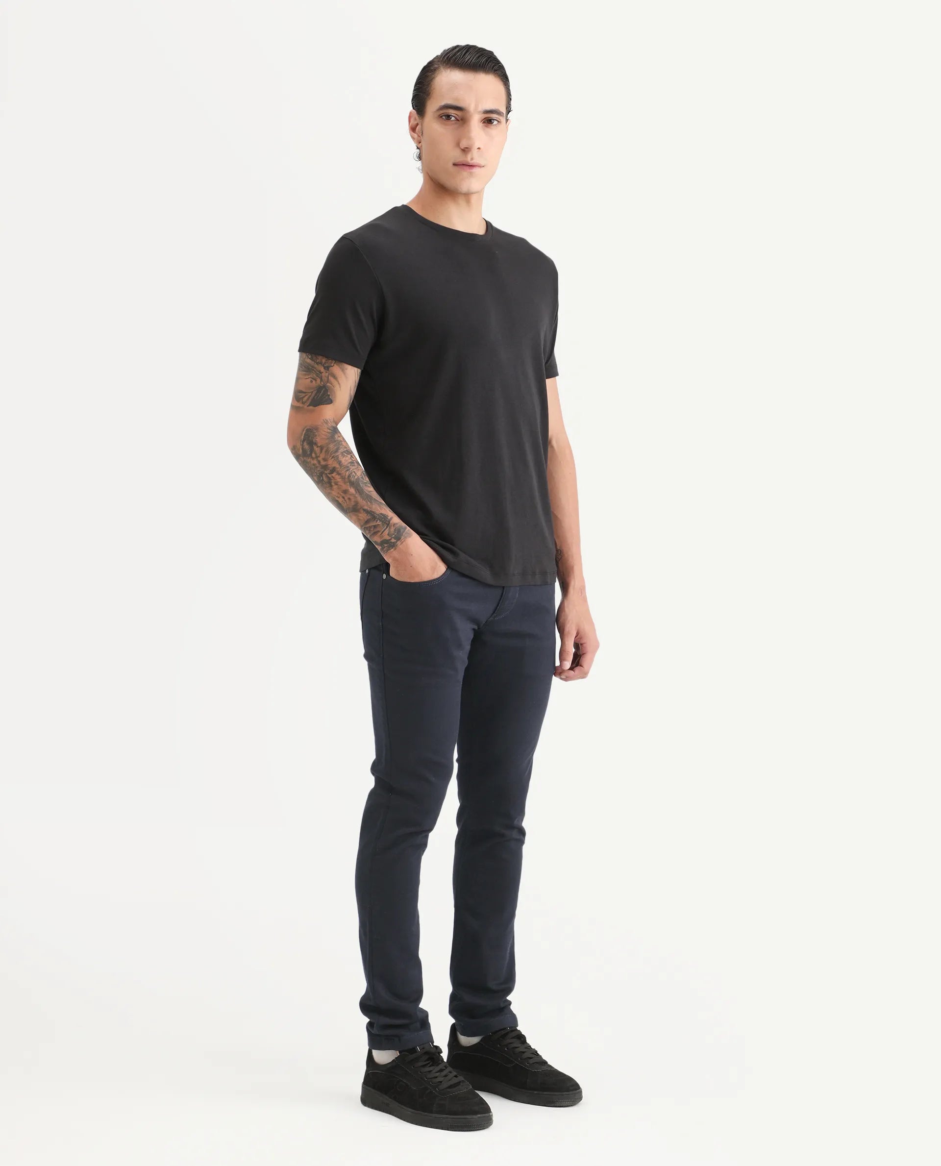 Rare Rabbit Men's Satinx Navy Cotton Plain Hawk Slim Fit Jeans