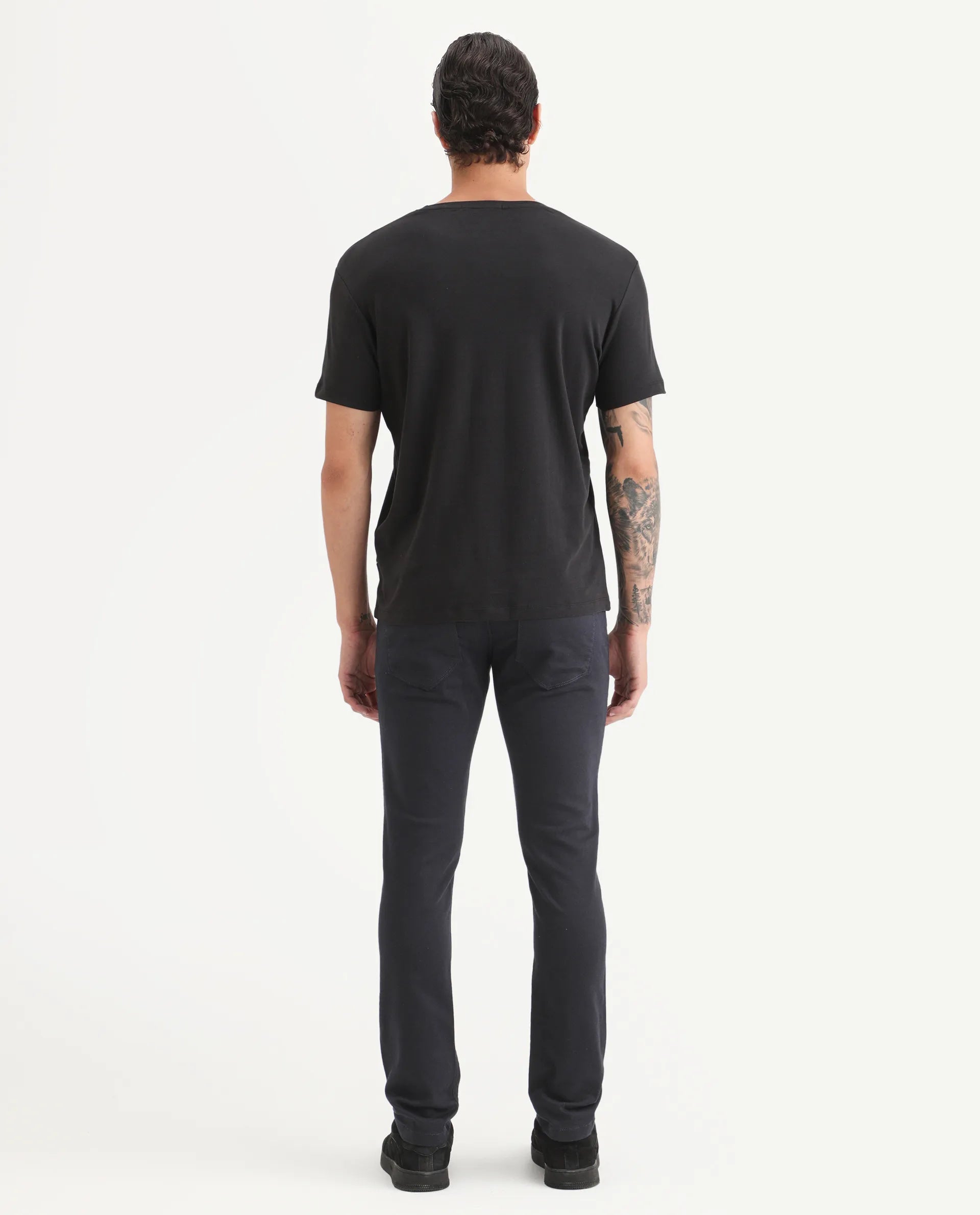 Rare Rabbit Men's Satinx Navy Cotton Plain Hawk Slim Fit Jeans