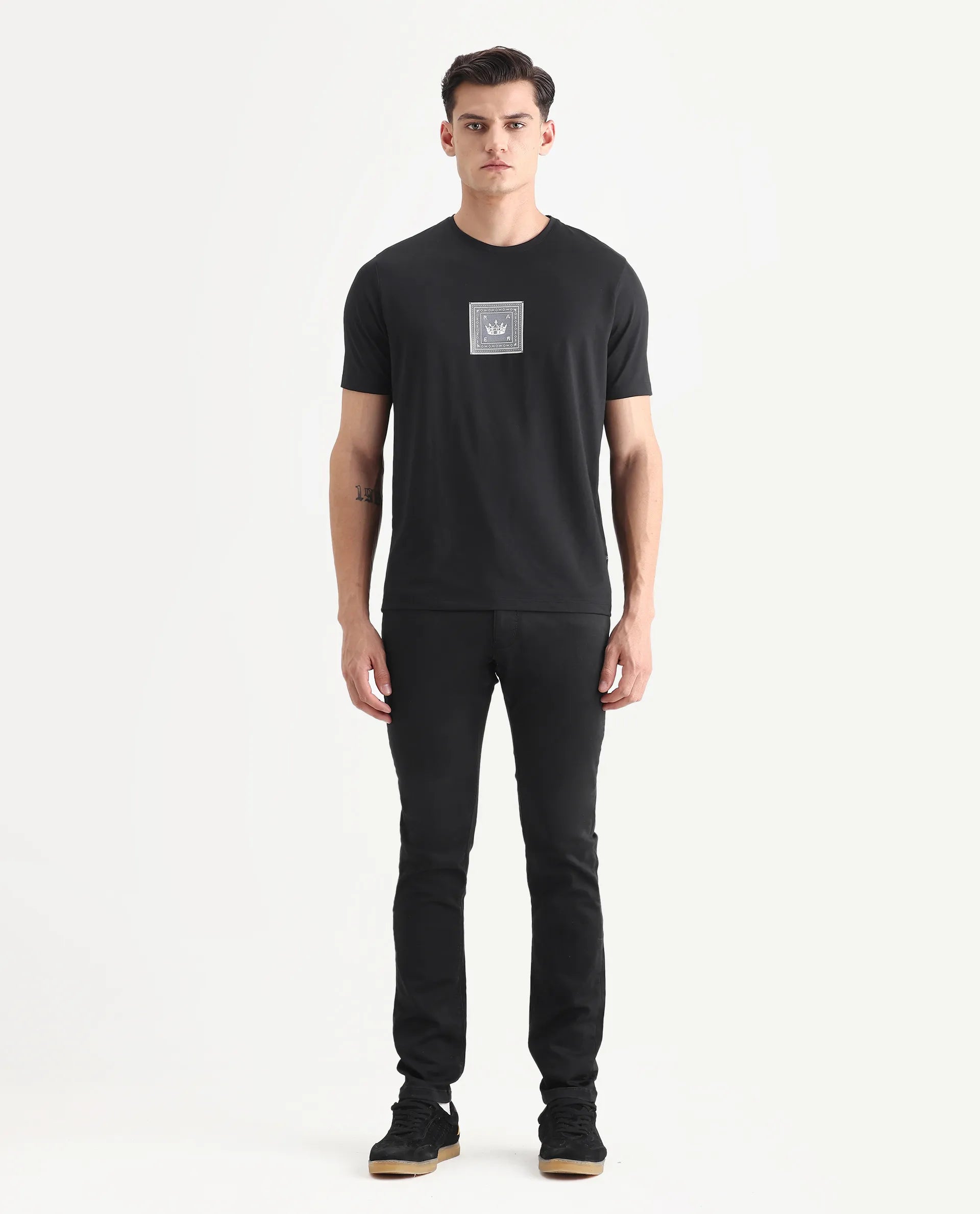 Rare Rabbit Men's Satinx Black Cotton Plain Hawk Slim Fit Jeans