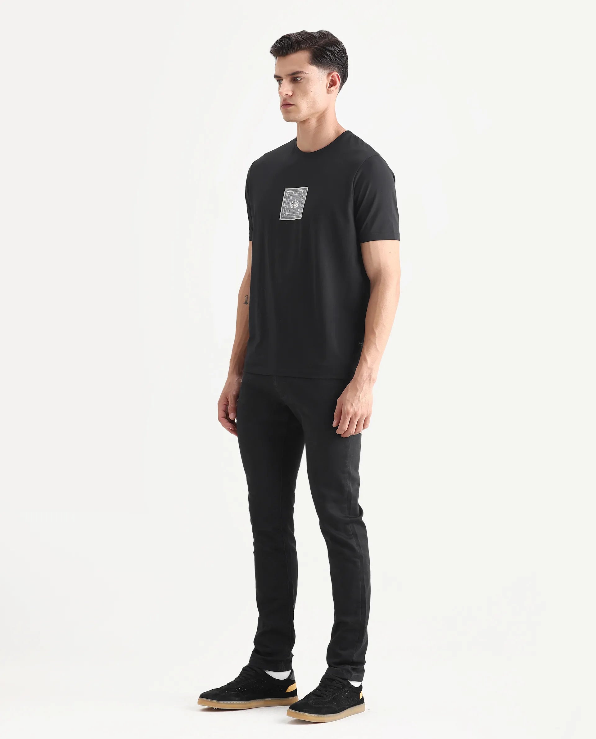 Rare Rabbit Men's Satinx Black Cotton Plain Hawk Slim Fit Jeans