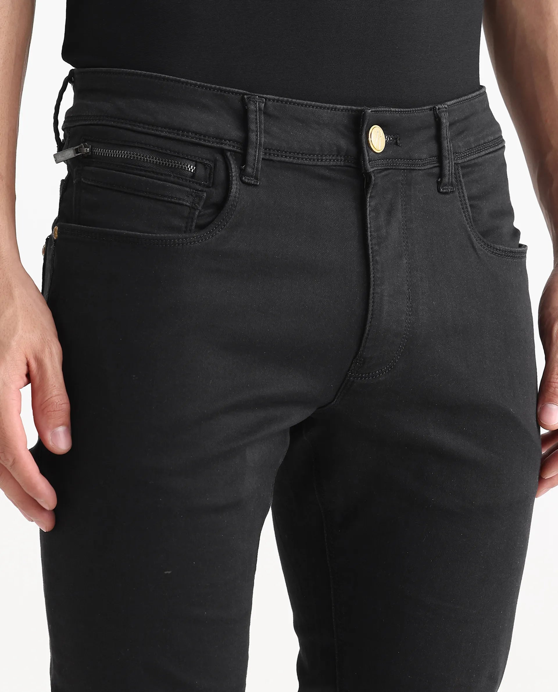 Rare Rabbit Men's Satinx Black Cotton Plain Hawk Slim Fit Jeans