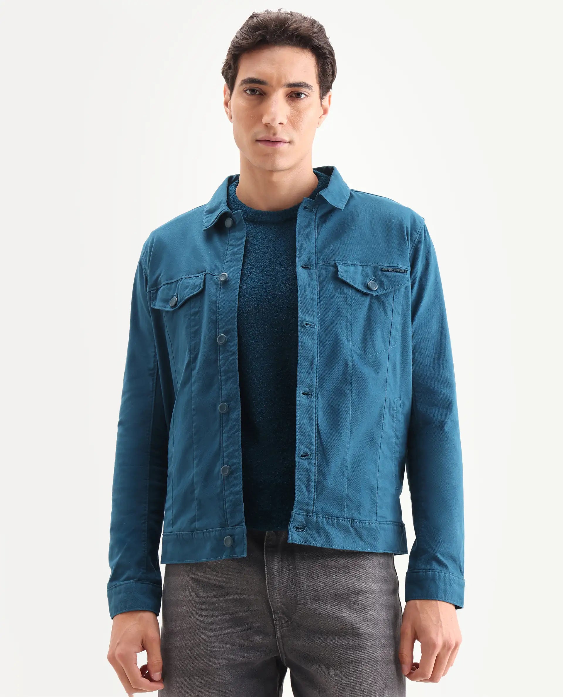 Rare Rabbit Men's Vintago Dark Teal Cotton Plain Regular Fit Full Sleeve Spread Collar Jacket