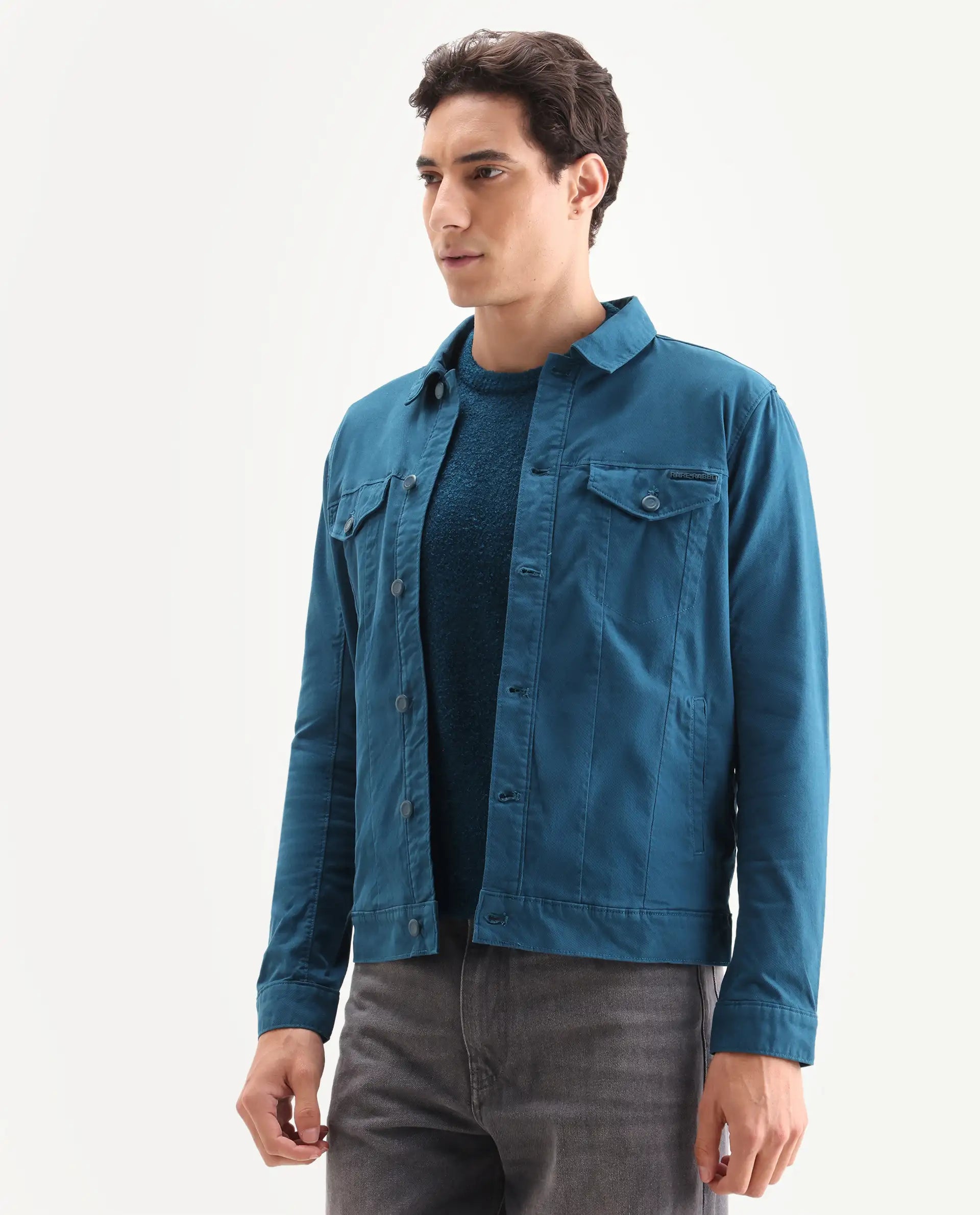 Rare Rabbit Men's Vintago Dark Teal Cotton Plain Regular Fit Full Sleeve Spread Collar Jacket