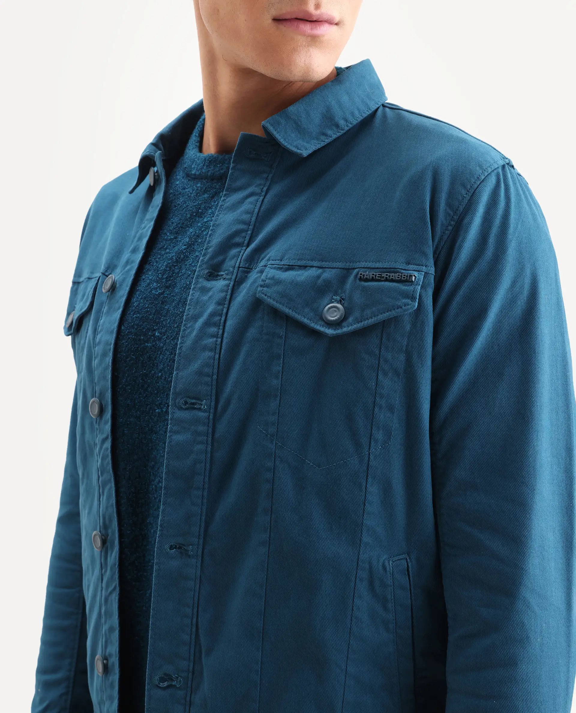 Rare Rabbit Men's Vintago Dark Teal Cotton Plain Regular Fit Full Sleeve Spread Collar Jacket