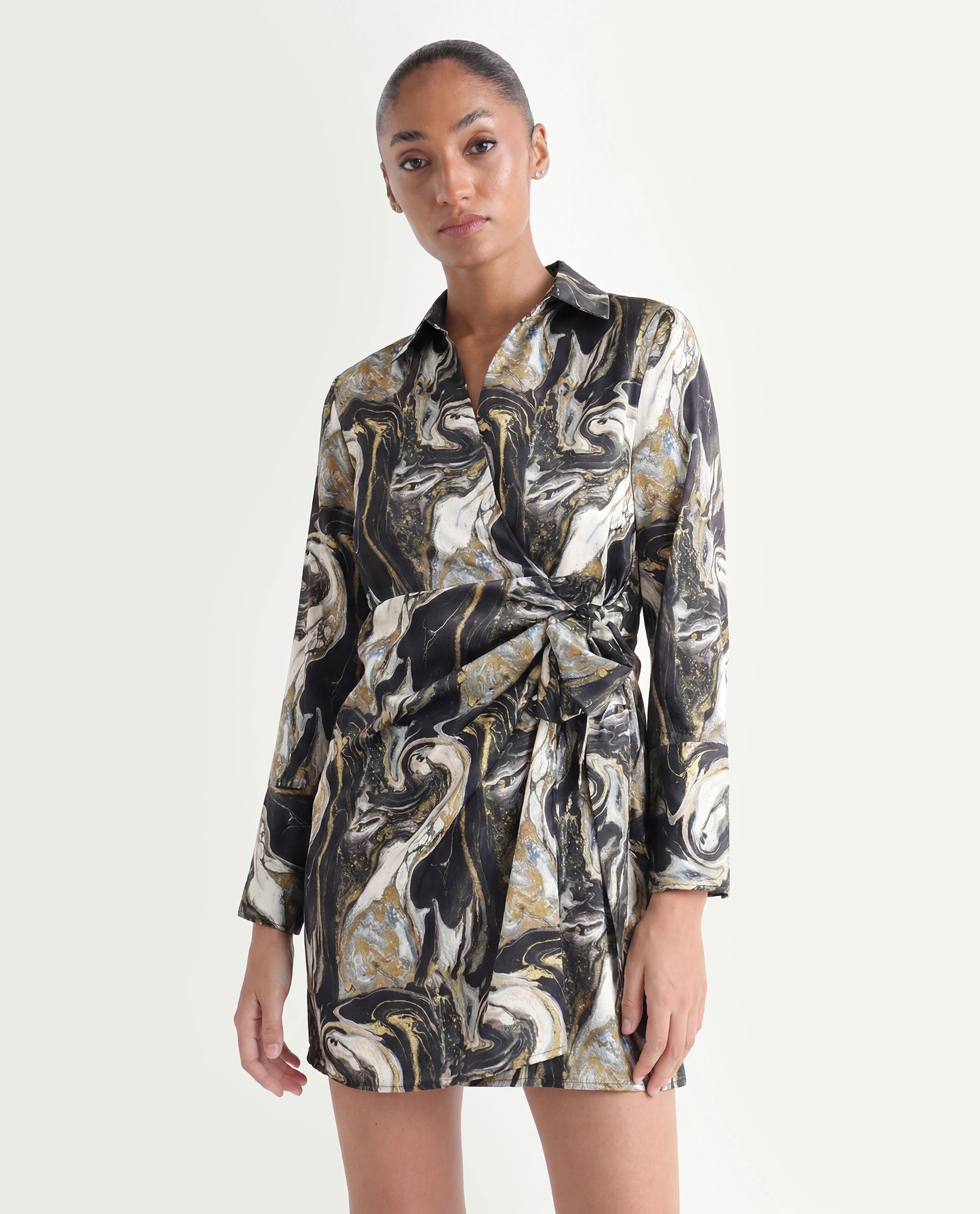 Rareism Women's Sager Black Polyester Spread Collar Abstract Print Mini Regular Fit Dress