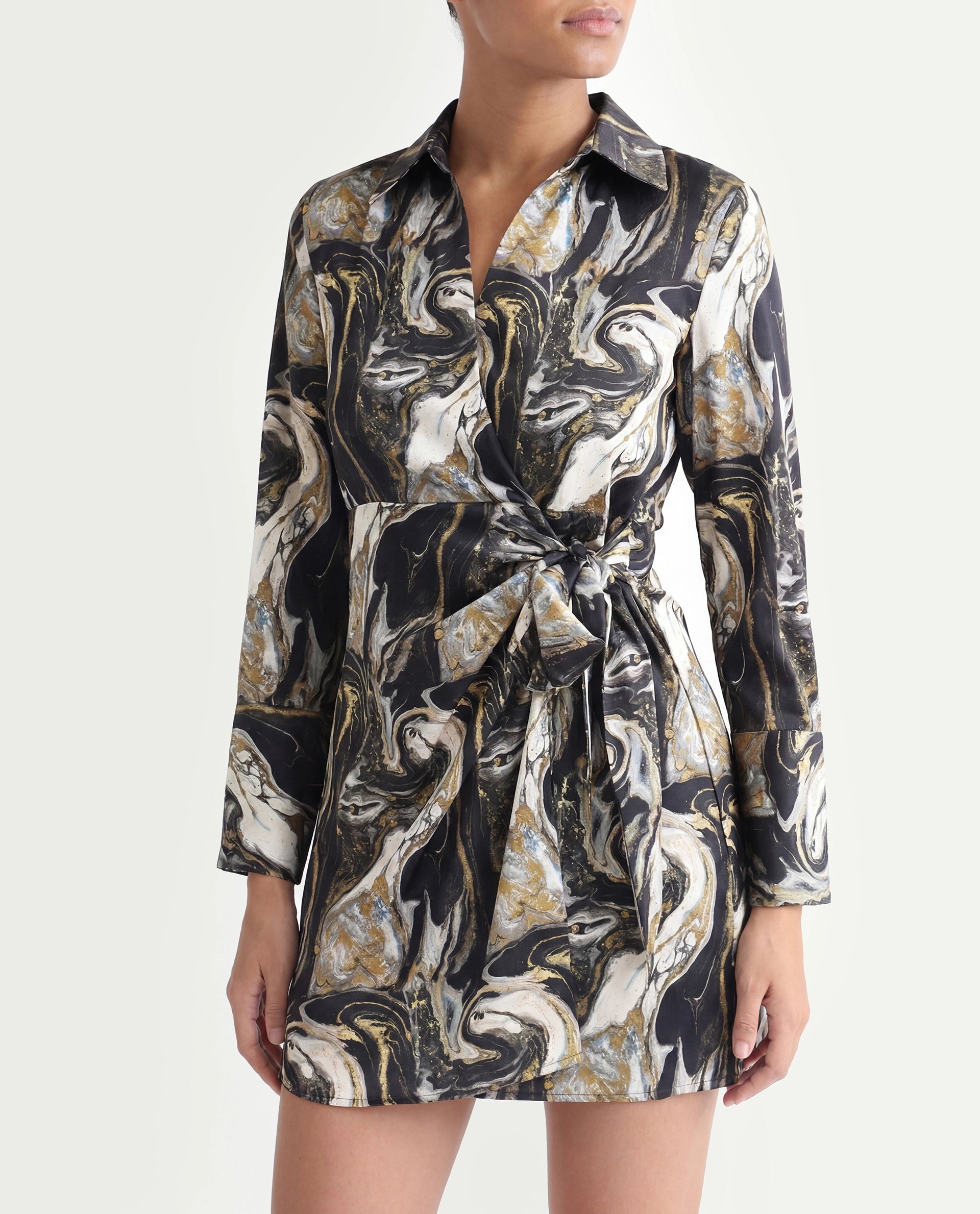 Rareism Women's Sager Black Polyester Spread Collar Abstract Print Mini Regular Fit Dress