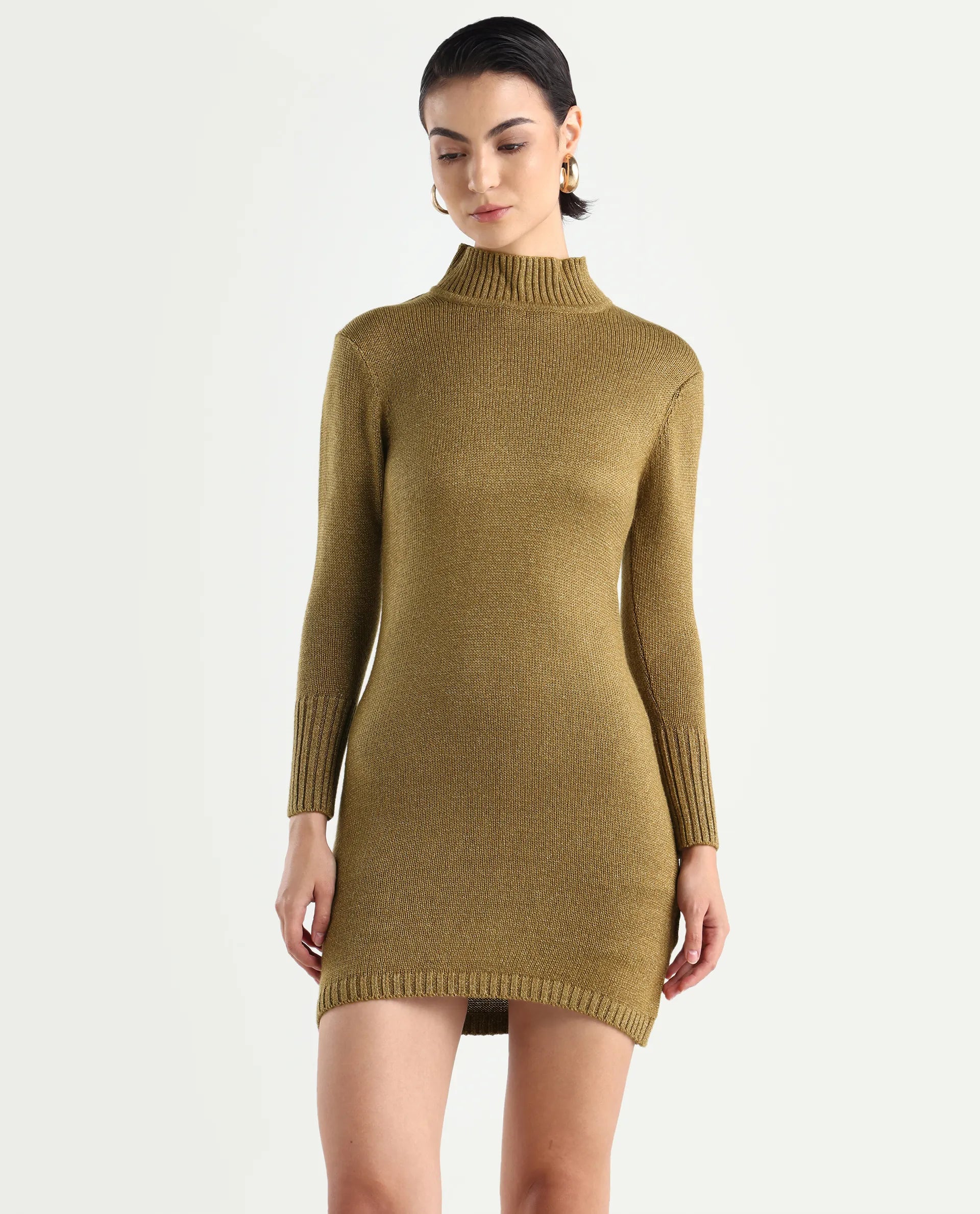 Rareism Women's Nach Gold Acrylic High Neck Plain Knee Length Regular Fit Sweater