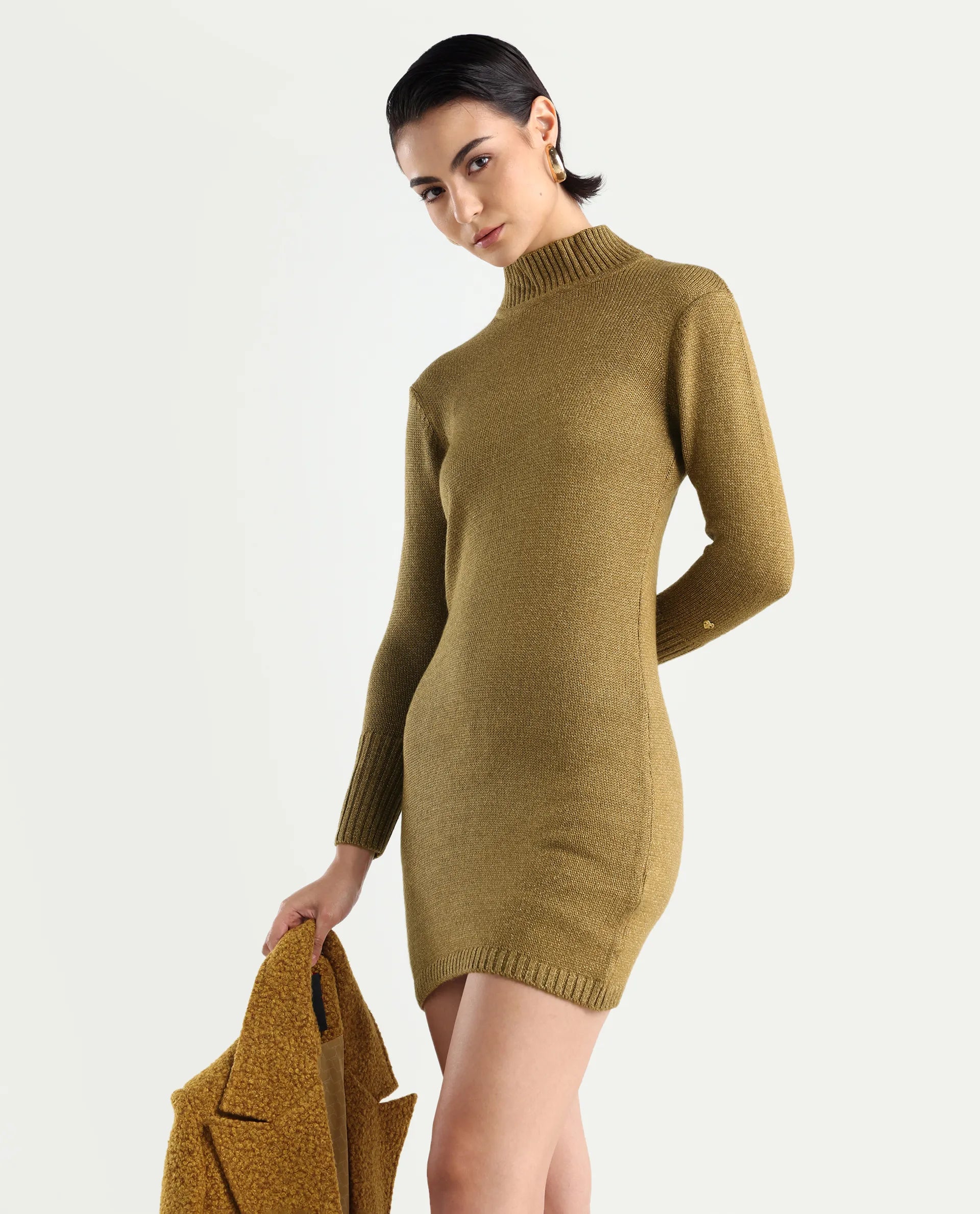 Rareism Women's Nach Gold Acrylic High Neck Plain Knee Length Regular Fit Sweater