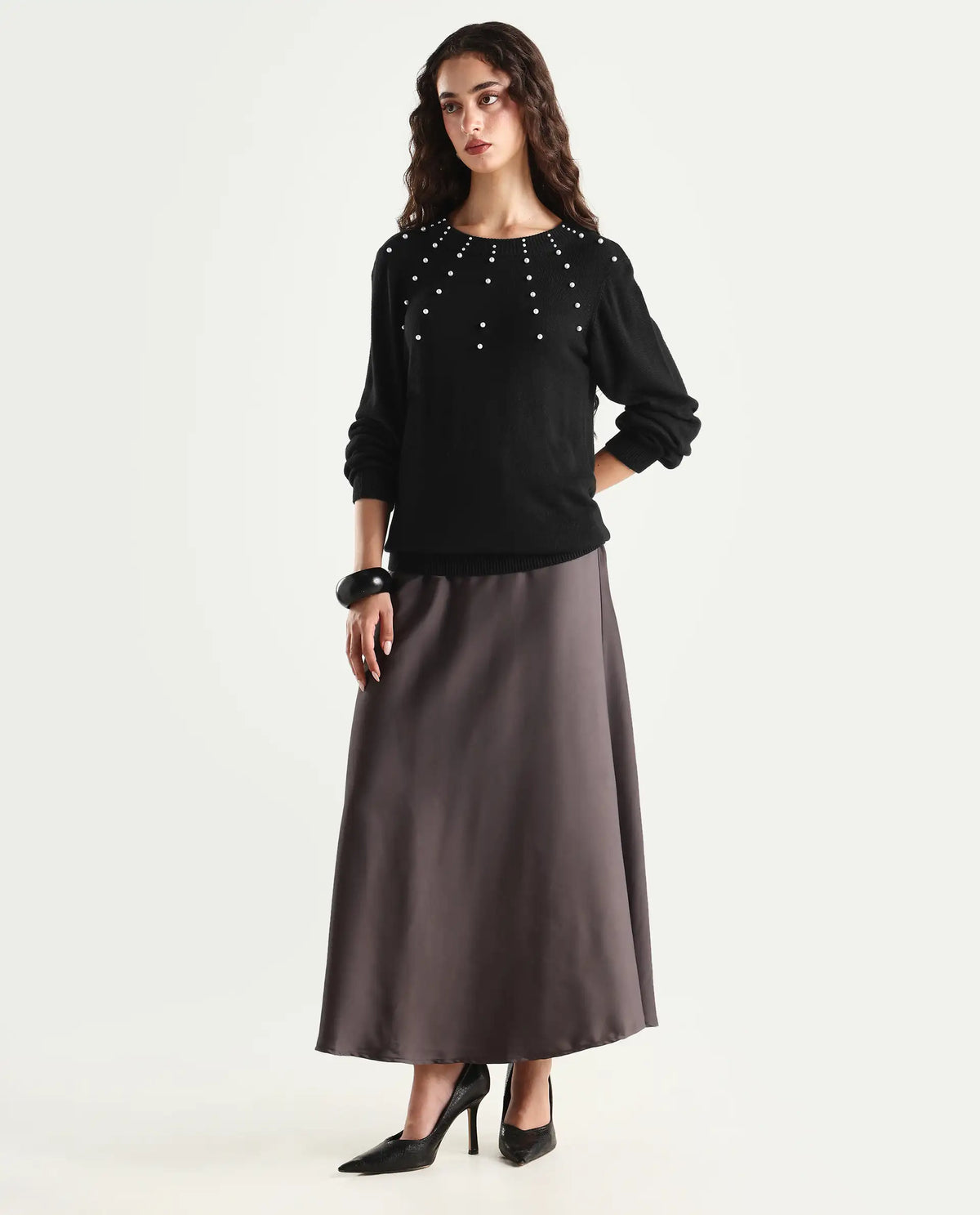 Rareism Women's Junich Black Viscose Crew Neck Embellished Regular Fit Sweater