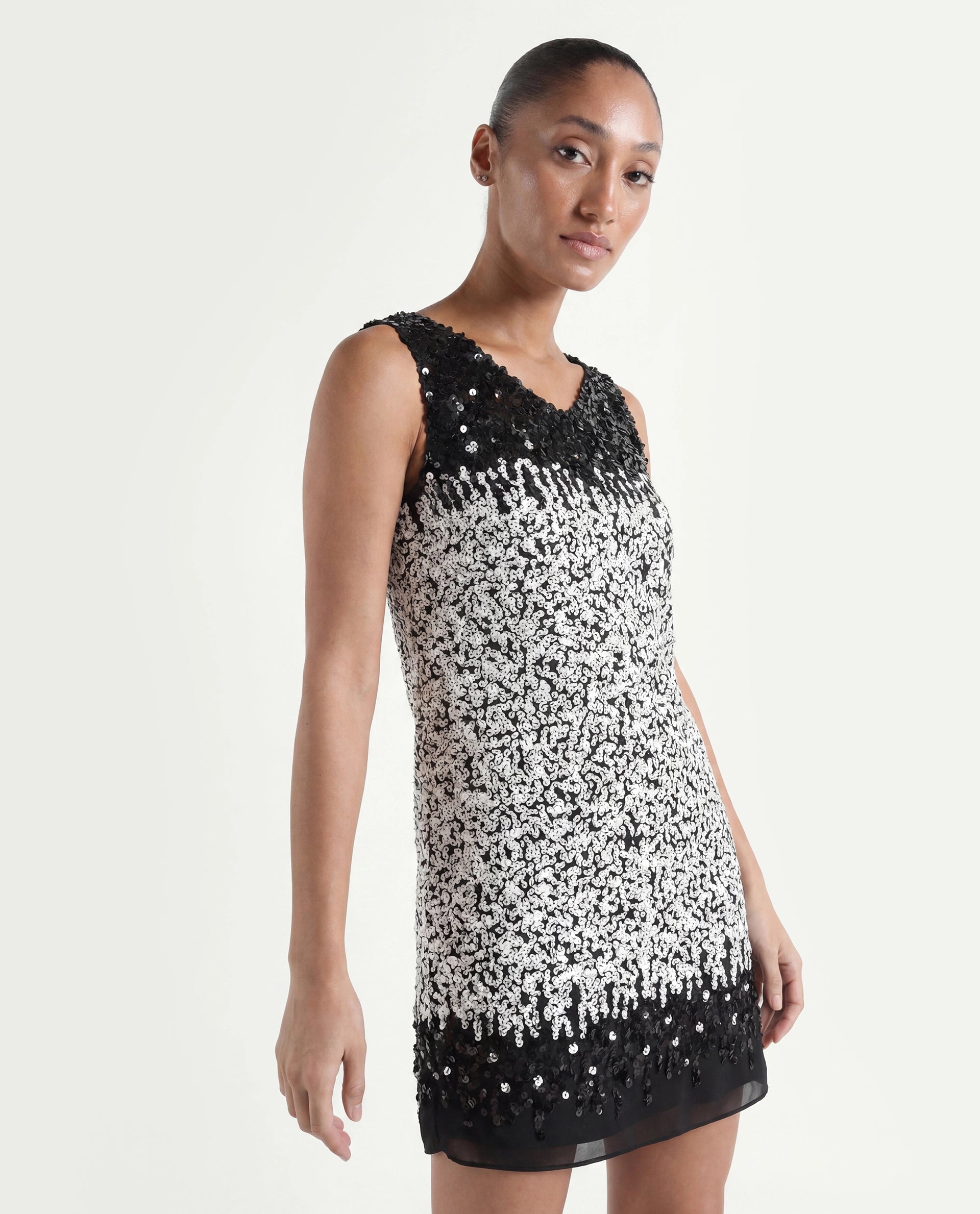 Rareism Women's Moana Sheen White Polyester V-Neck Sequined Sleeveless Mini Regular Fit Dress