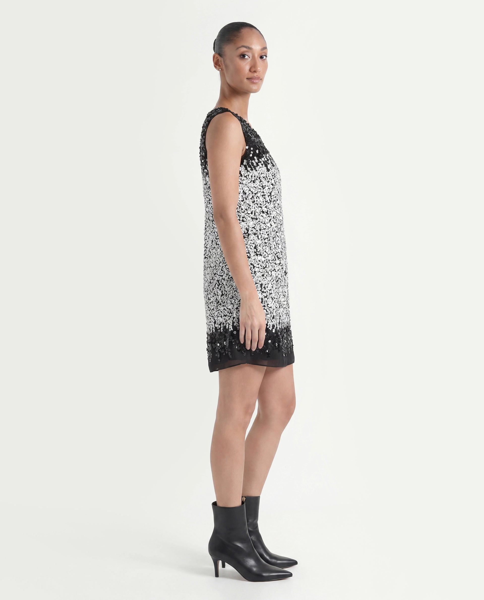 Rareism Women's Moana Sheen White Polyester V-Neck Sequined Sleeveless Mini Regular Fit Dress
