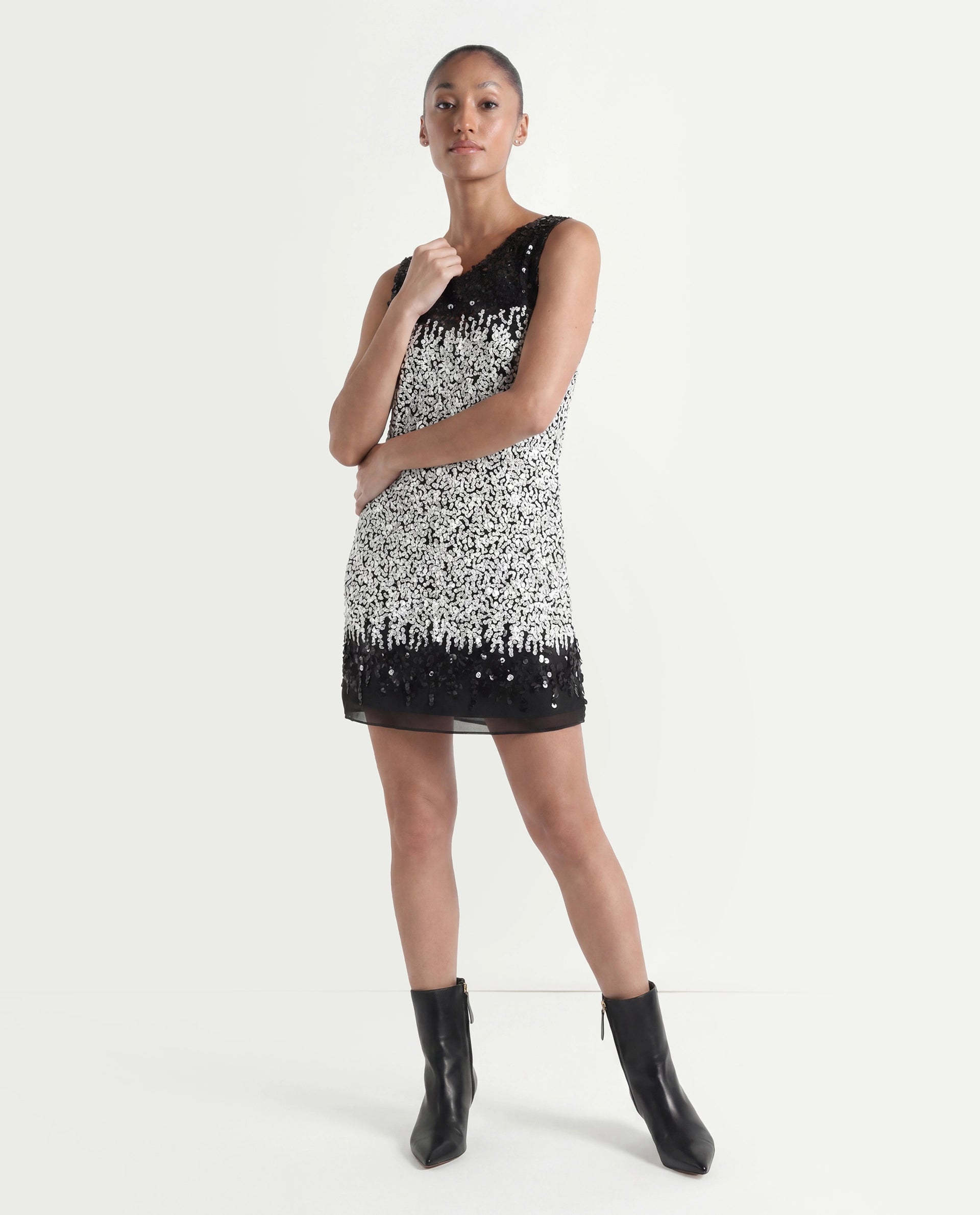Rareism Women's Moana Sheen White Polyester V-Neck Sequined Sleeveless Mini Regular Fit Dress