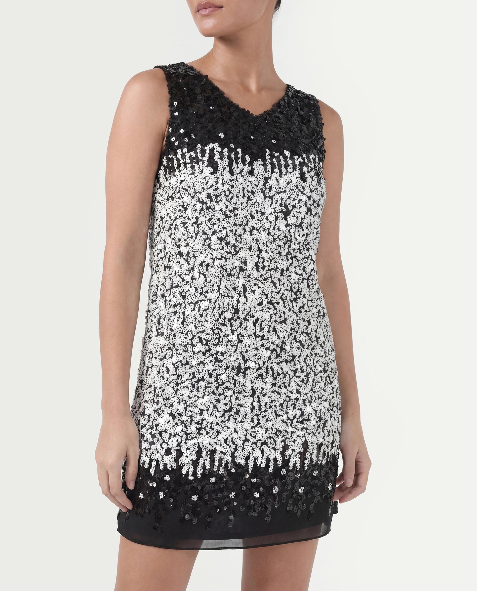 Rareism Women's Moana Sheen White Polyester V-Neck Sequined Sleeveless Mini Regular Fit Dress