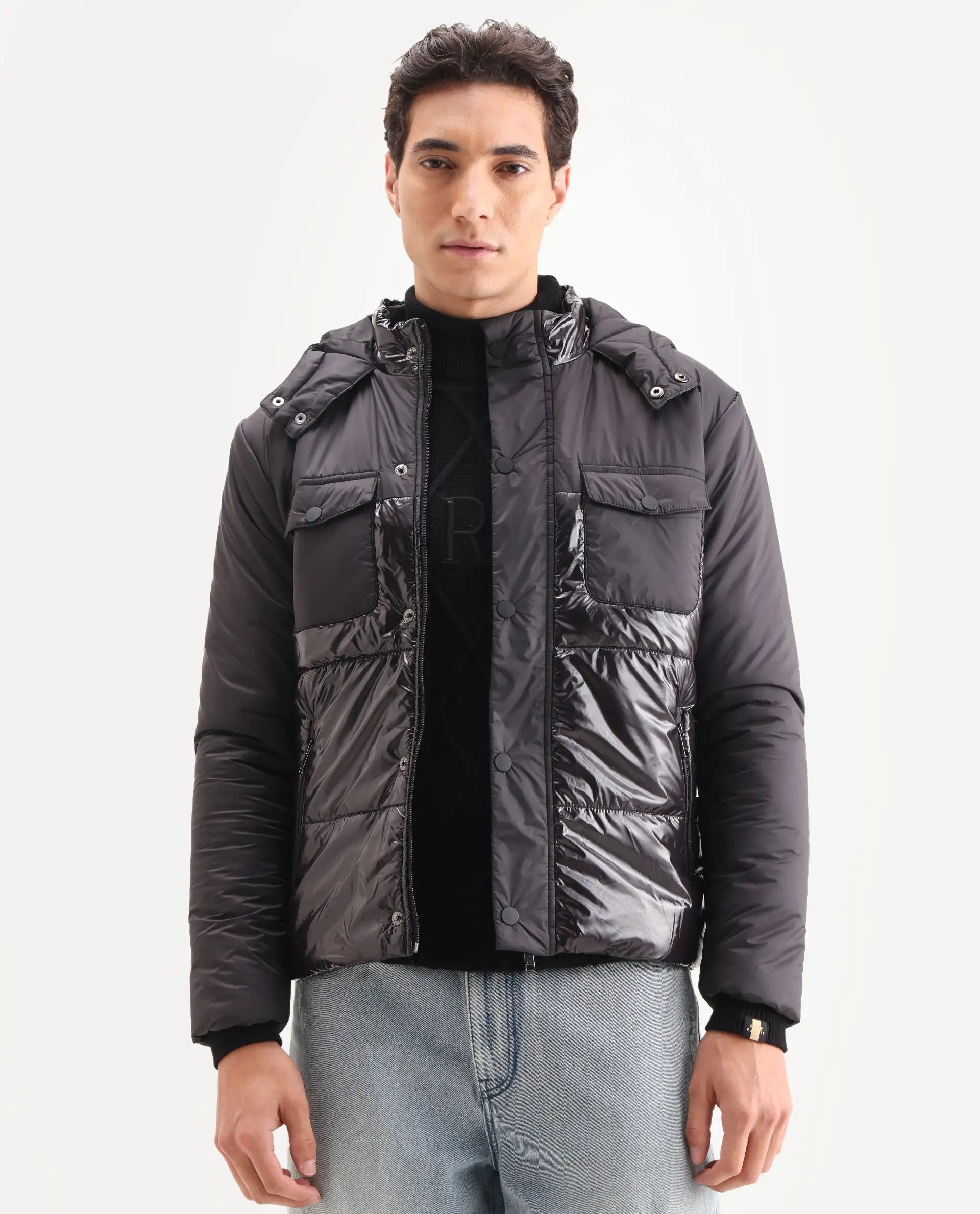 Rare Rabbit Men's Ragon Black Polyester Plain Relaxed Fit Full Sleeve Hooded Jacket