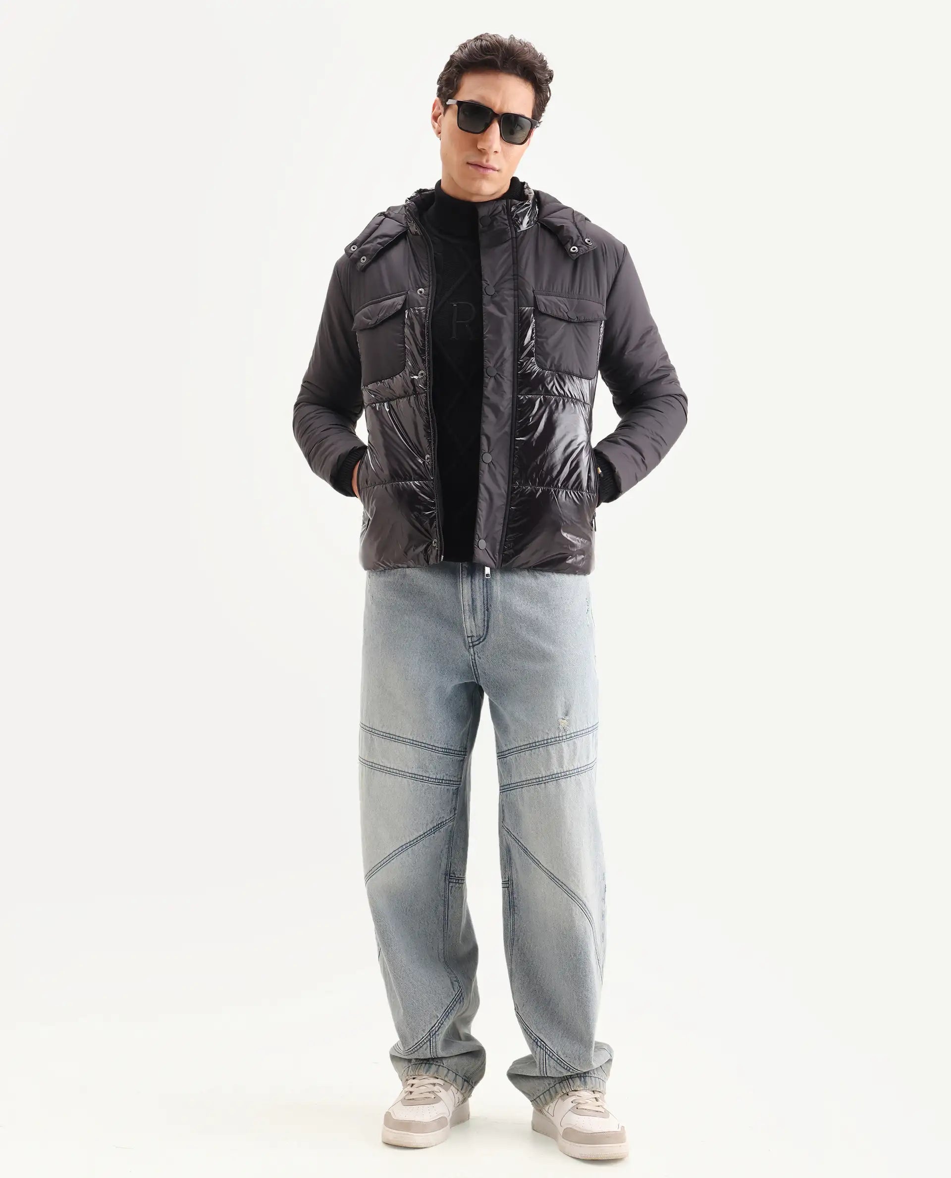 Rare Rabbit Men's Ragon Black Polyester Plain Relaxed Fit Full Sleeve Hooded Jacket