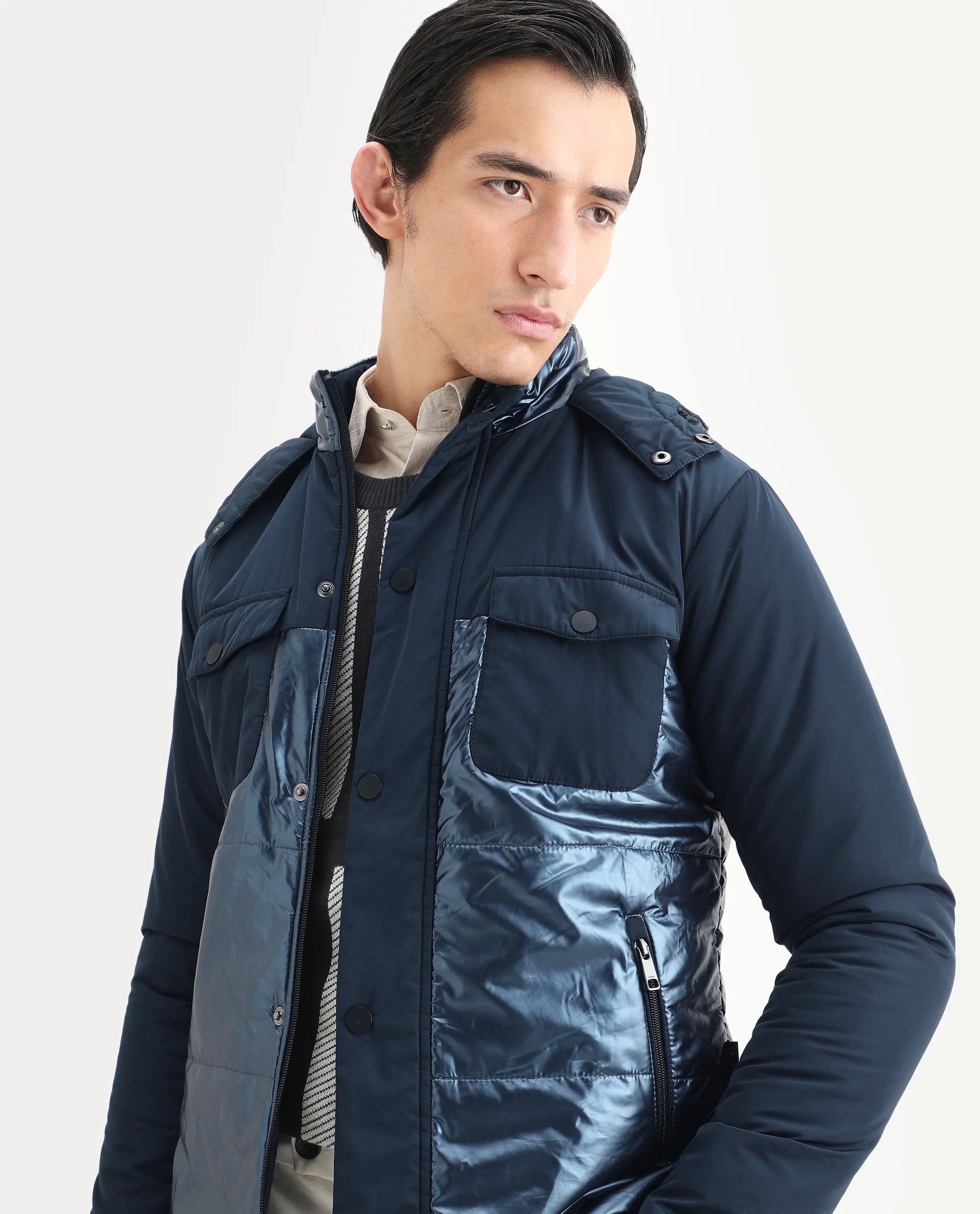 Rare Rabbit Men's Ragon Dark Blue Polyester Plain Relaxed Fit Full Sleeve Hooded Jacket