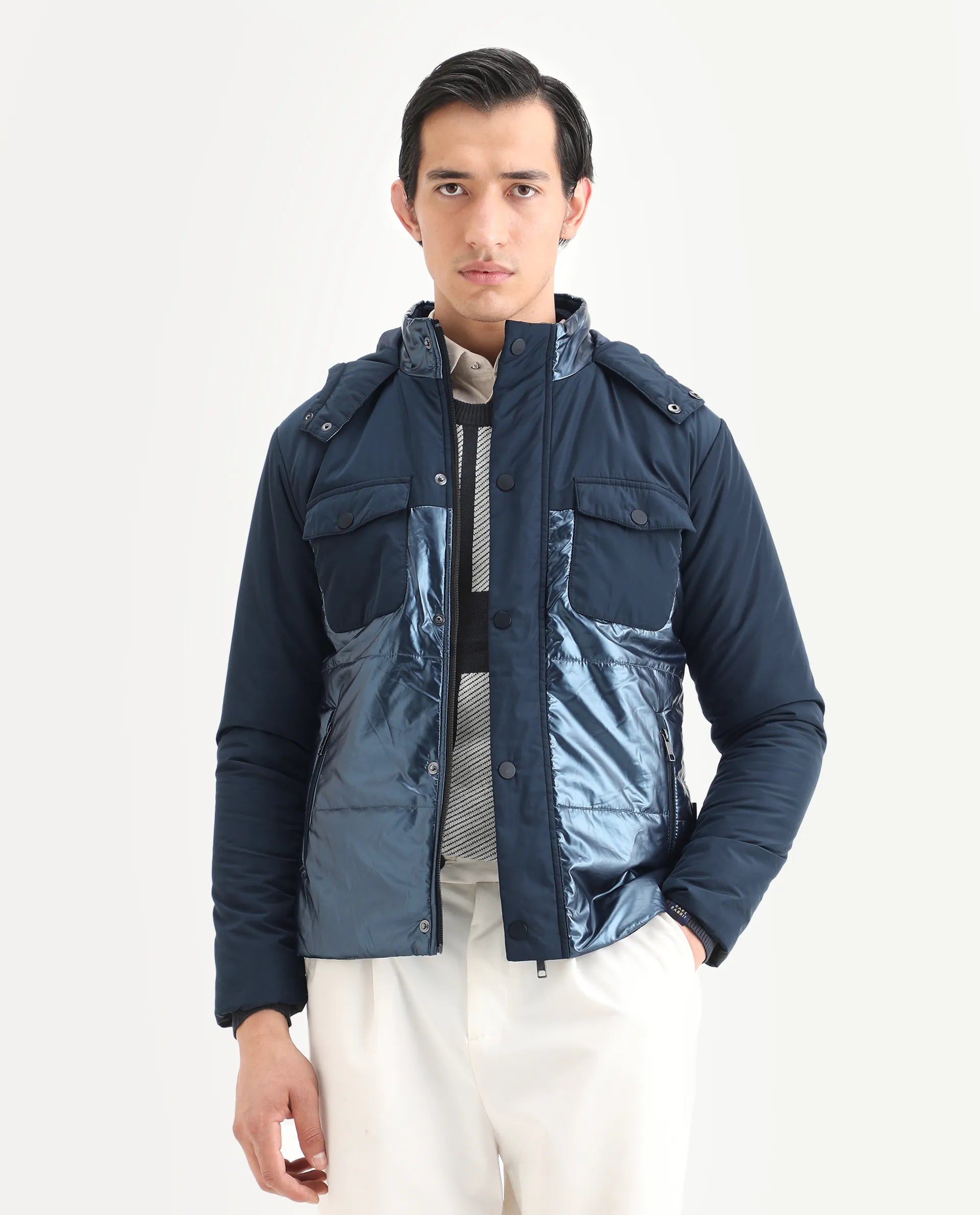 Rare Rabbit Men's Ragon Dark Blue Polyester Plain Relaxed Fit Full Sleeve Hooded Jacket