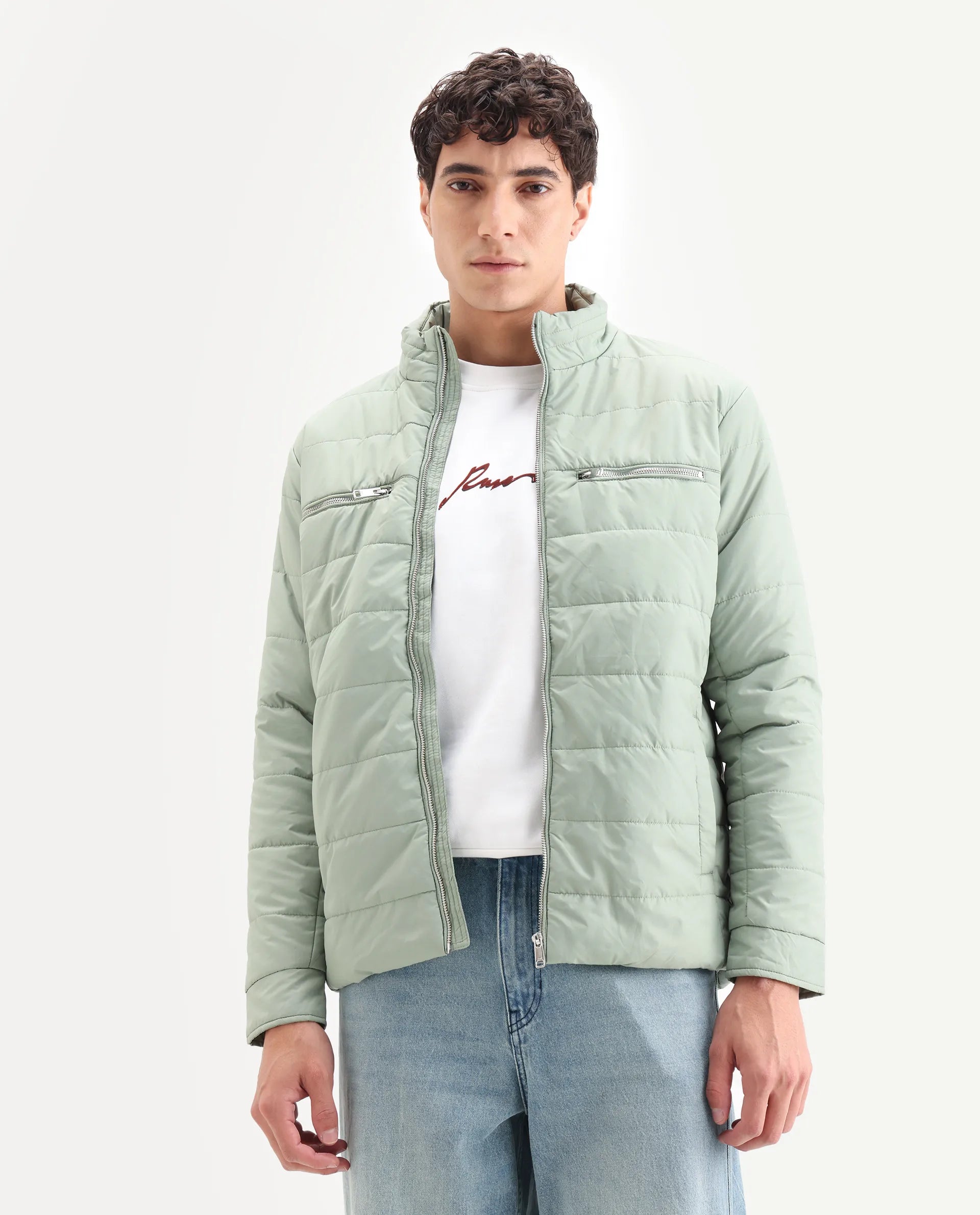 Rare Rabbit Men's Beylor Pastel Green Polyester Plain Regular Fit Full Sleeve High Neck Jacket