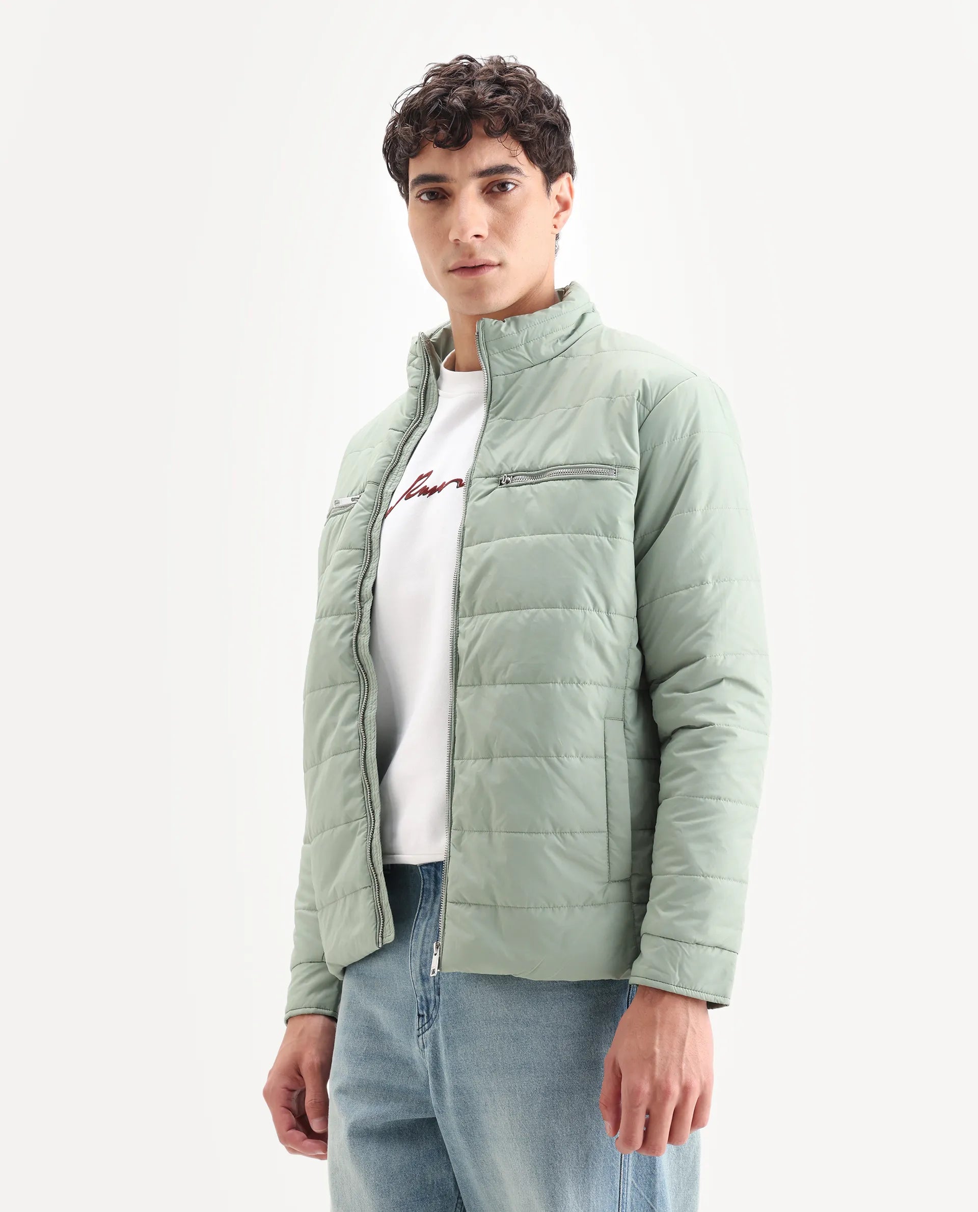 Rare Rabbit Men's Beylor Pastel Green Polyester Plain Regular Fit Full Sleeve High Neck Jacket